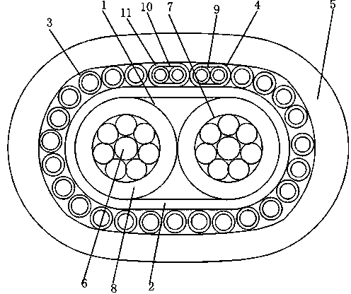 Three-core compound flat cable with control line core pairs