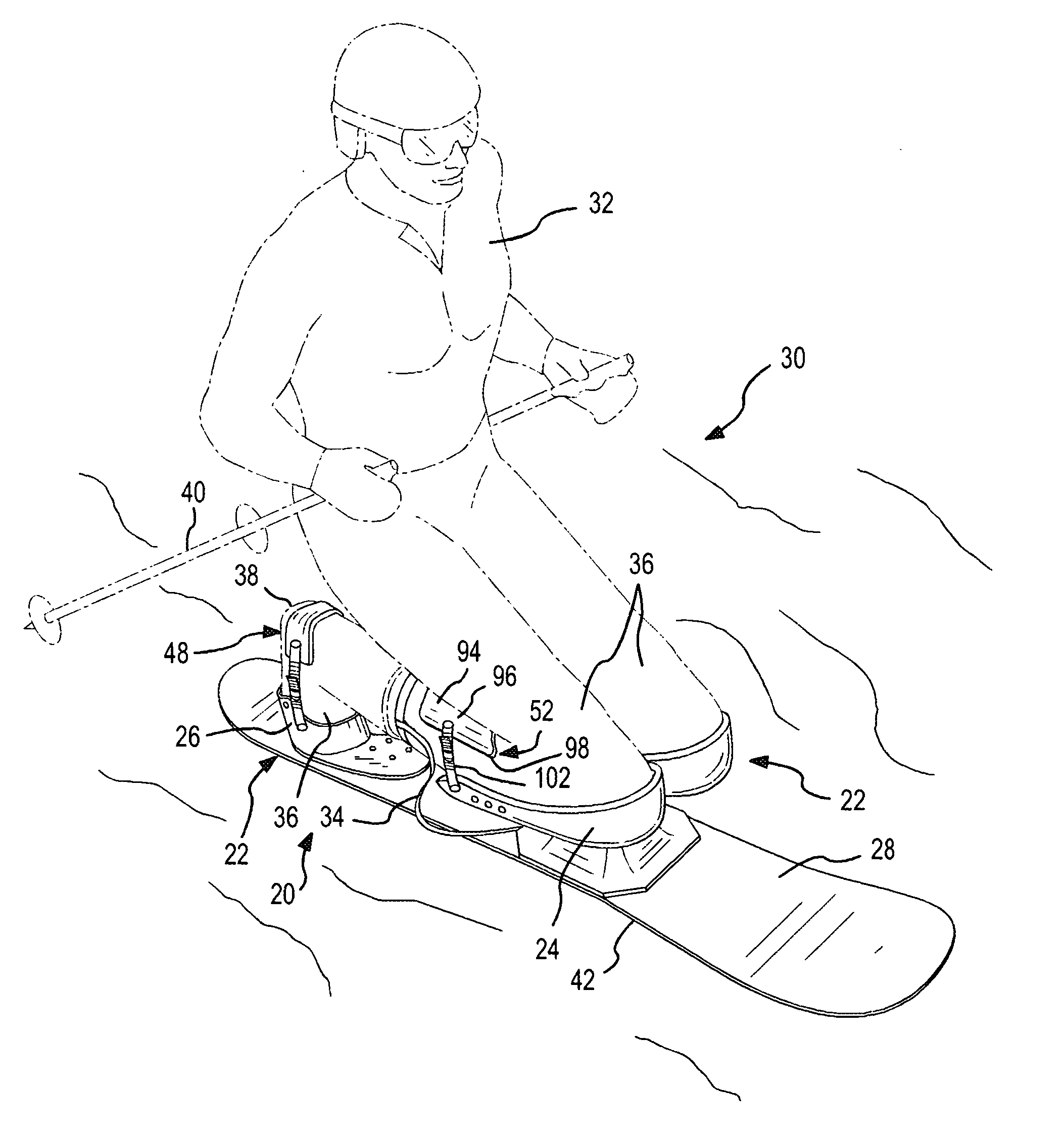 Kneeboard device and method of attaching a person to a snowboard deck