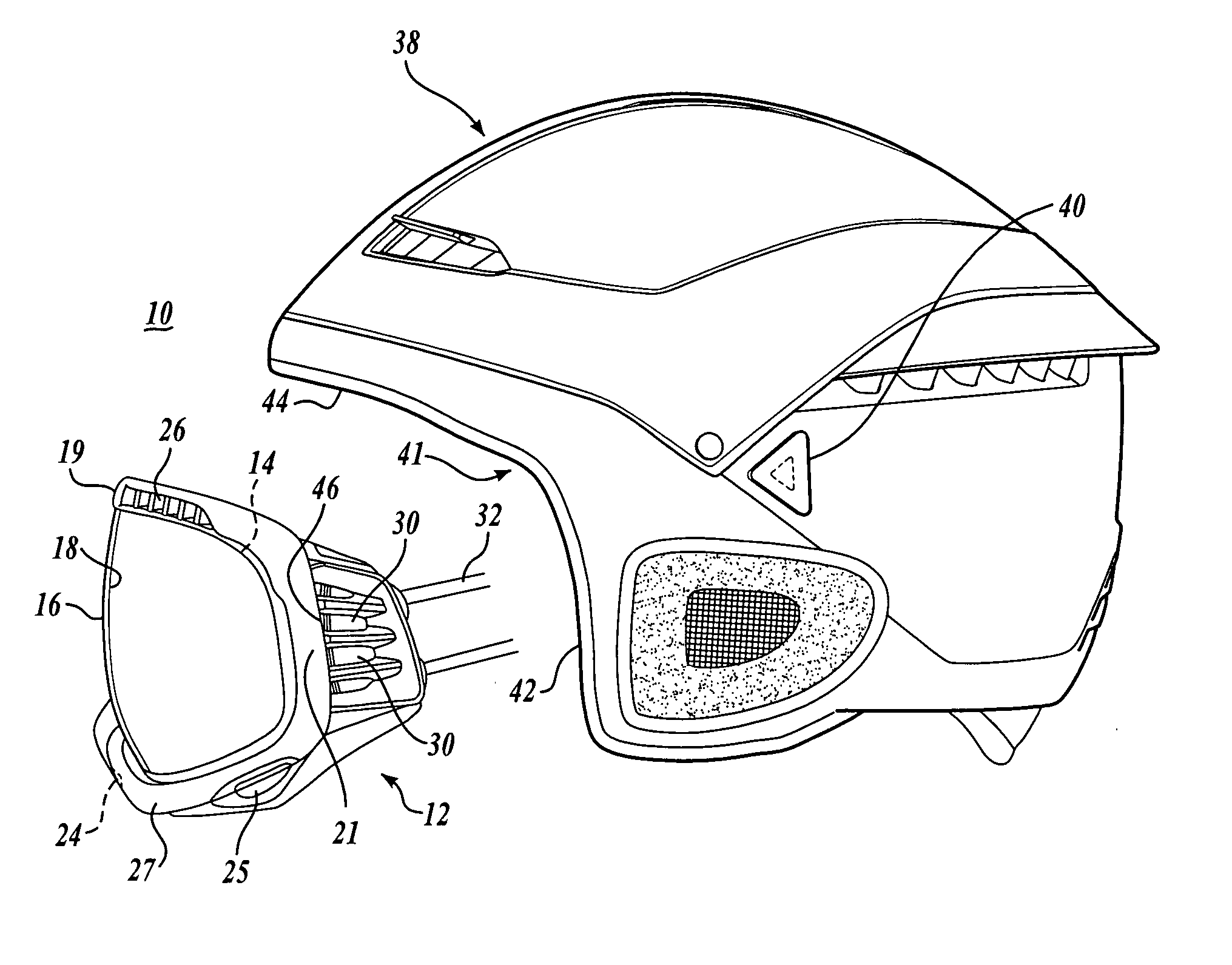 Goggle contoured for helmet engagement