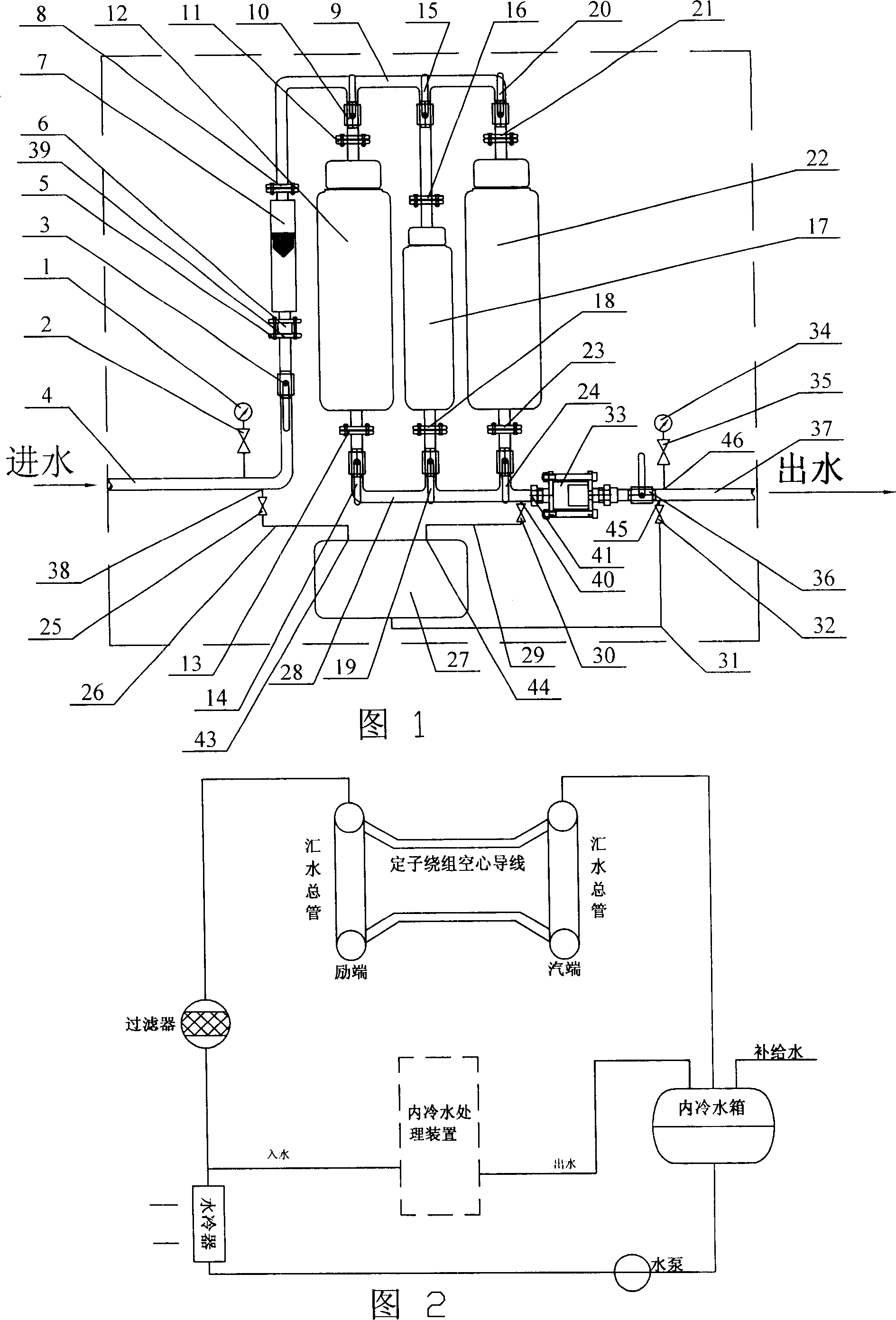 Power generator internal cooling water oxygen removal or electrolemma microalkalination treatment device and its treatment method
