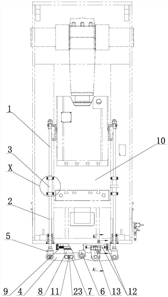 Adjusting device and method for lever-type bottom ejector of forging press