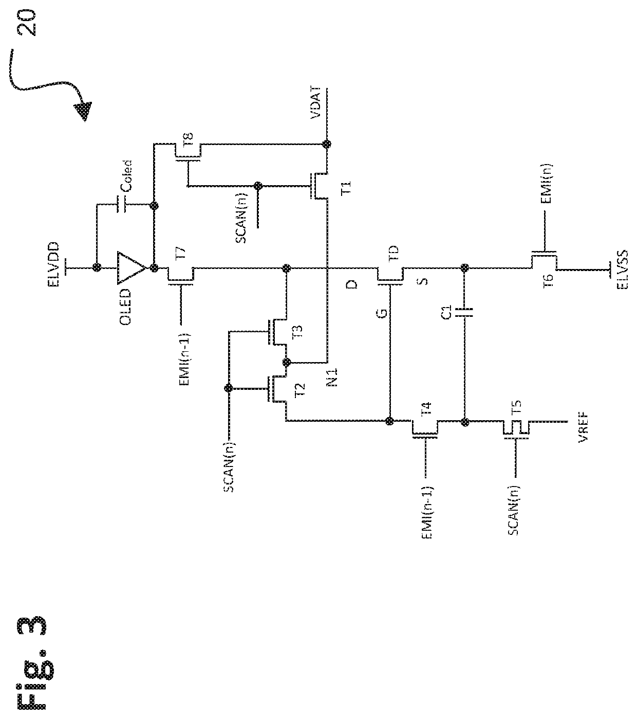 TFT pixel threshold voltage compensation circuit with data programming from drain of the drive TFT