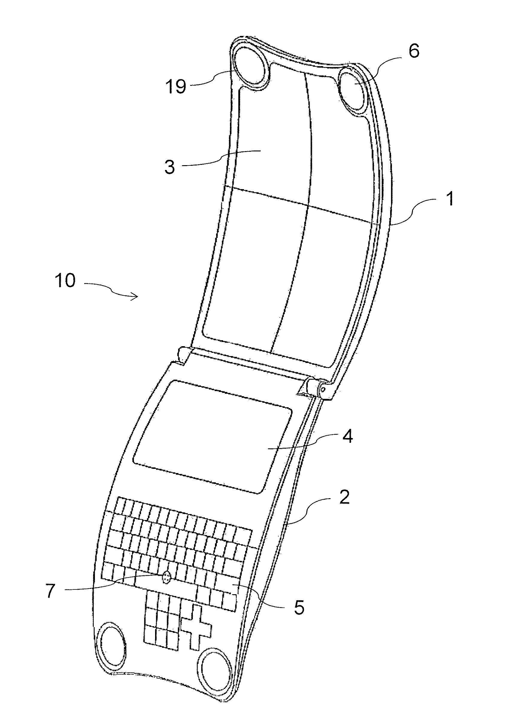 Foldable curved wireless communication device for insertion into hip pocket