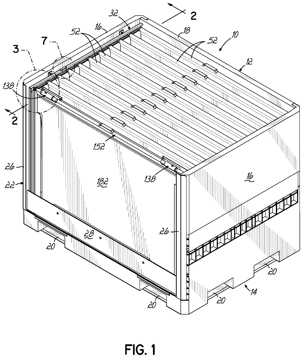 Container having at least one lockable crossbar assembly movable along tracks