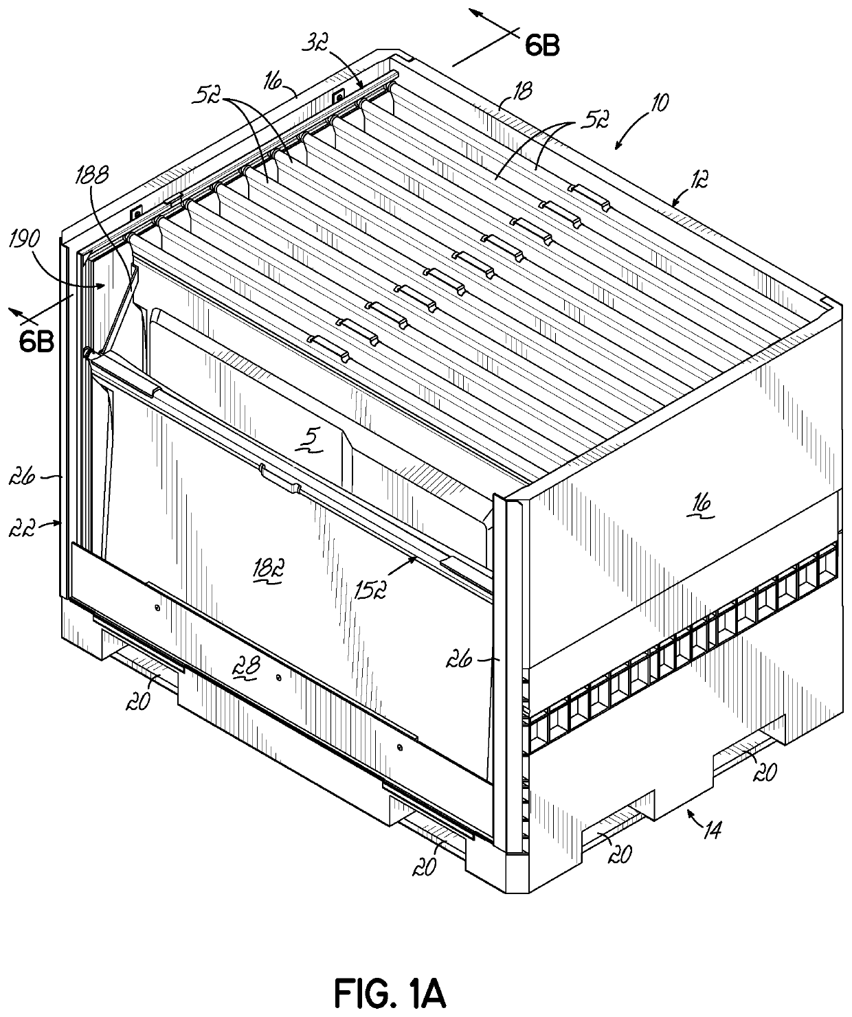 Container having at least one lockable crossbar assembly movable along tracks