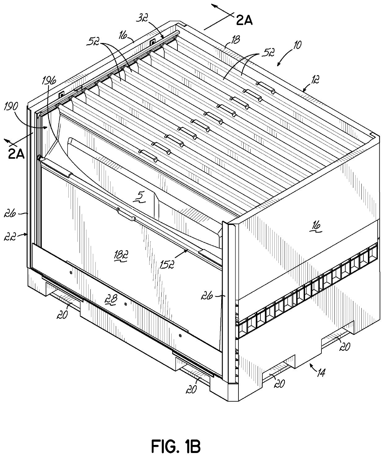 Container having at least one lockable crossbar assembly movable along tracks