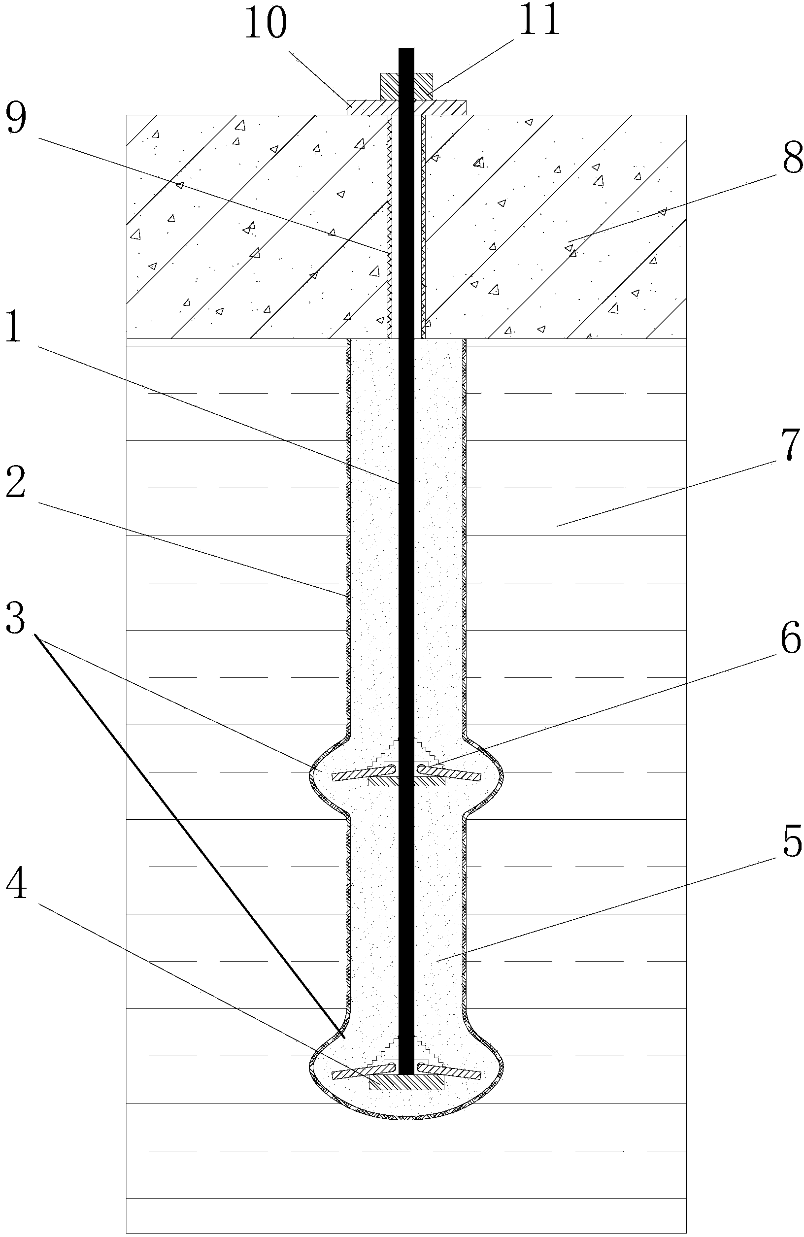 Lead hole implanted anti-floating rock anchor rod with supporting trays and construction method thereof