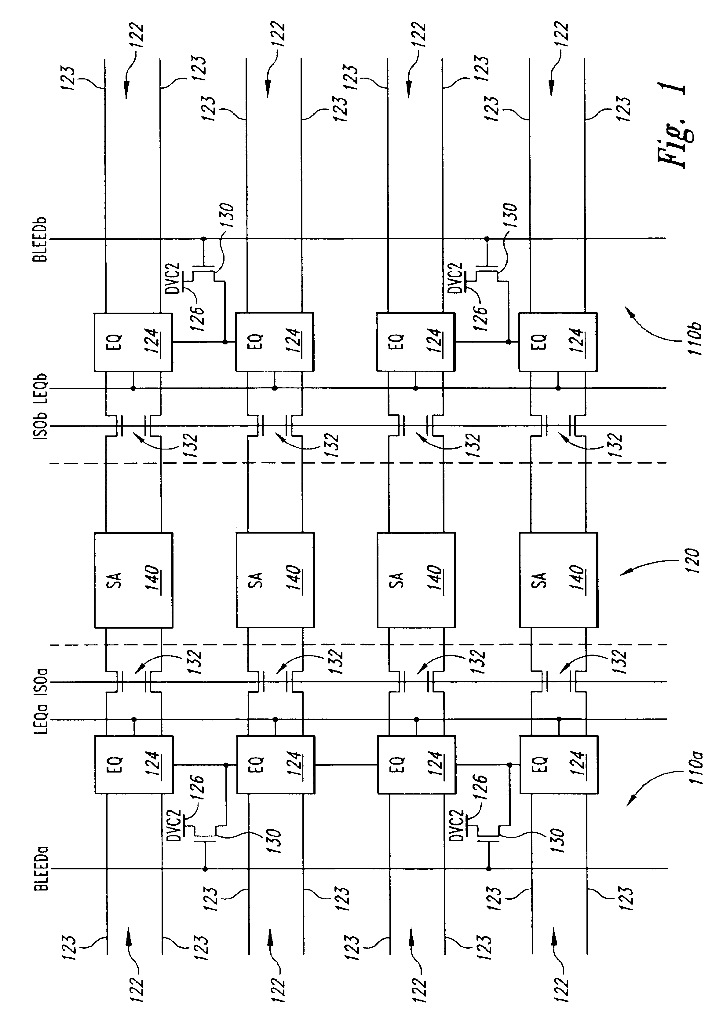 Apparatus and method for a current limiting bleeder device shared by columns of different memory arrays