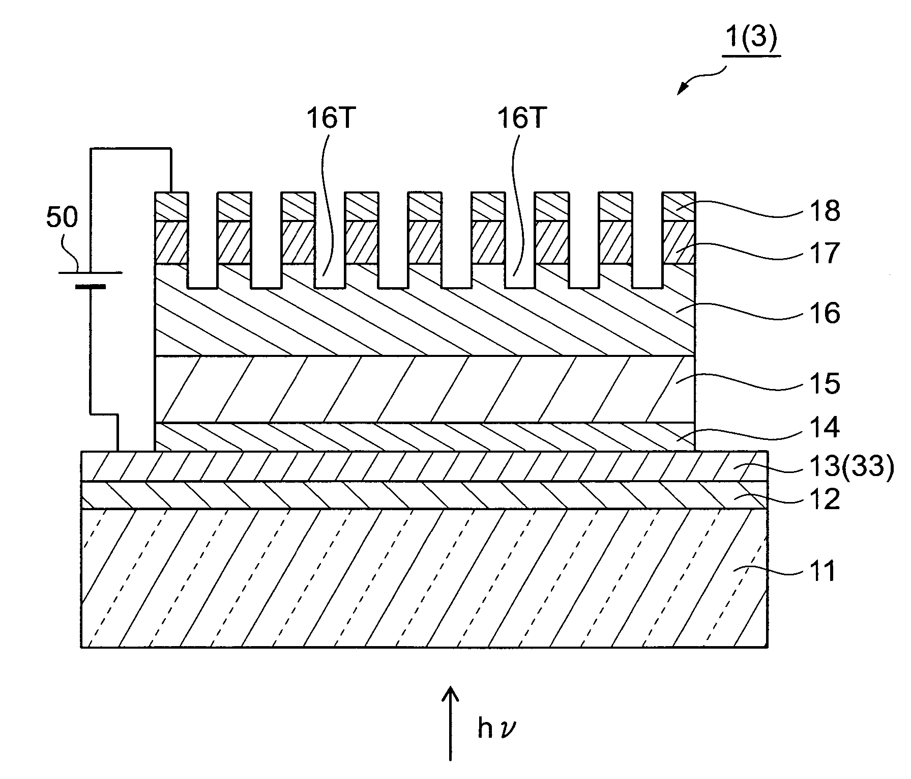 Photocathode comprising a plurality of openings on an electron emission layer