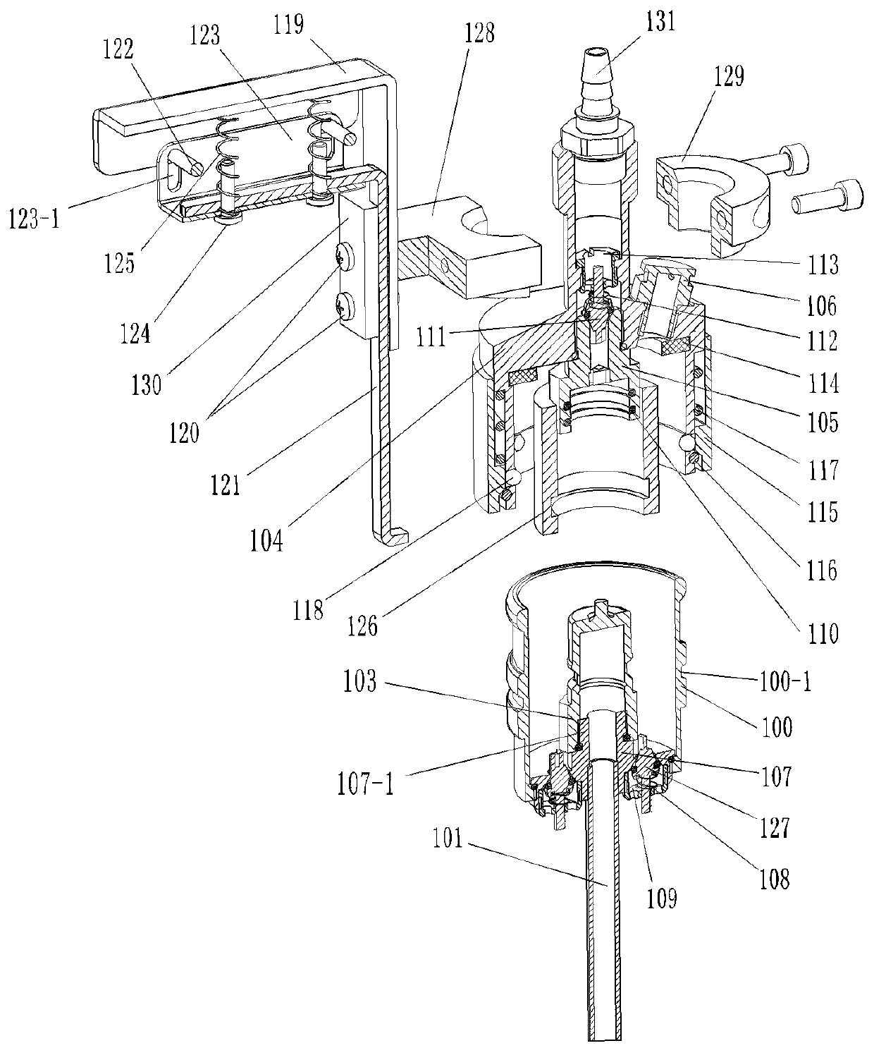 The connection assembly connecting the liquid storage tank and the liquid outlet pipe in the liquid sales equipment