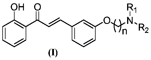 Amine alkoxy chalcone compound and preparation method and application thereof