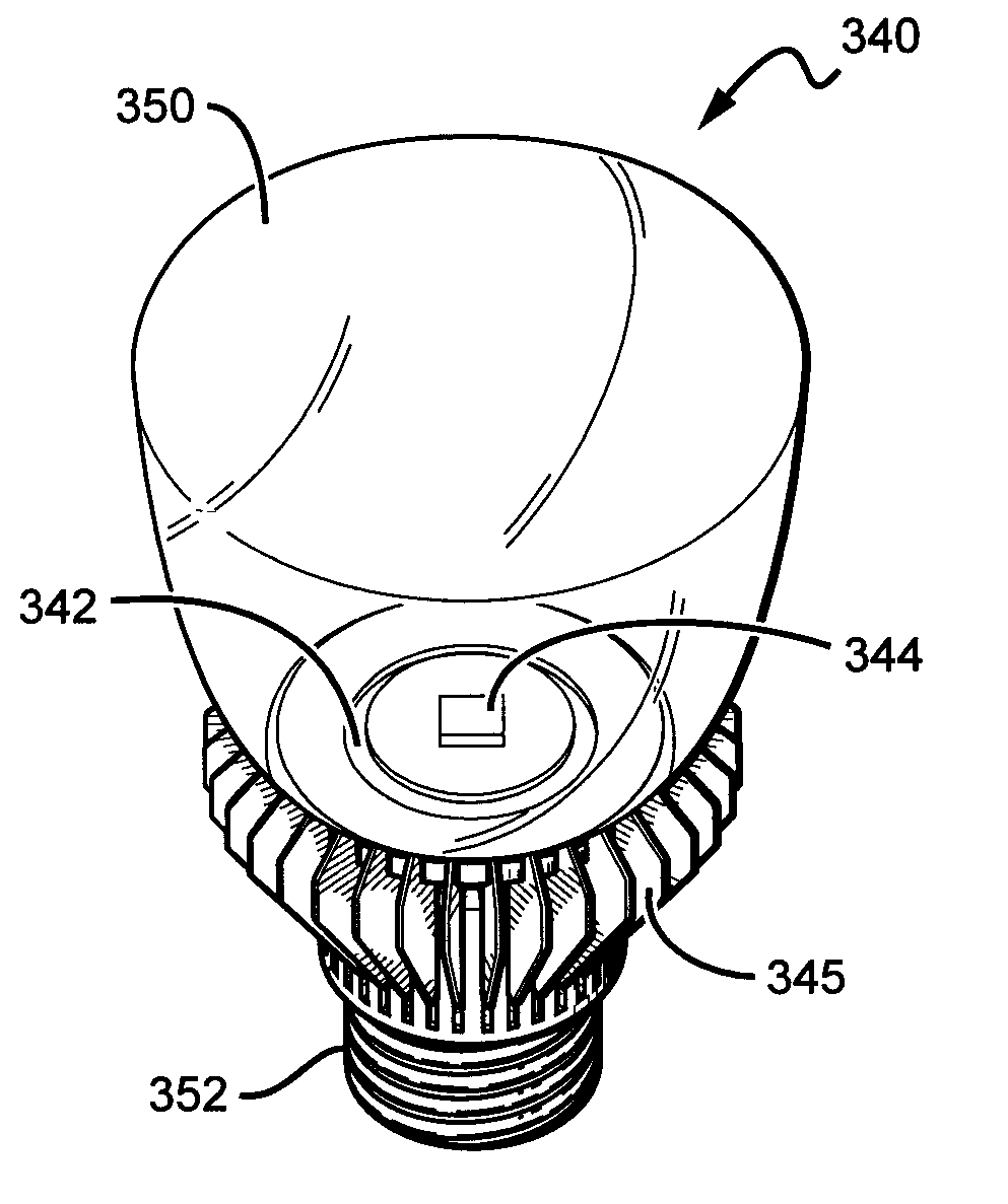 LED lamp incorporating remote phosphor and diffuser with heat dissipation features