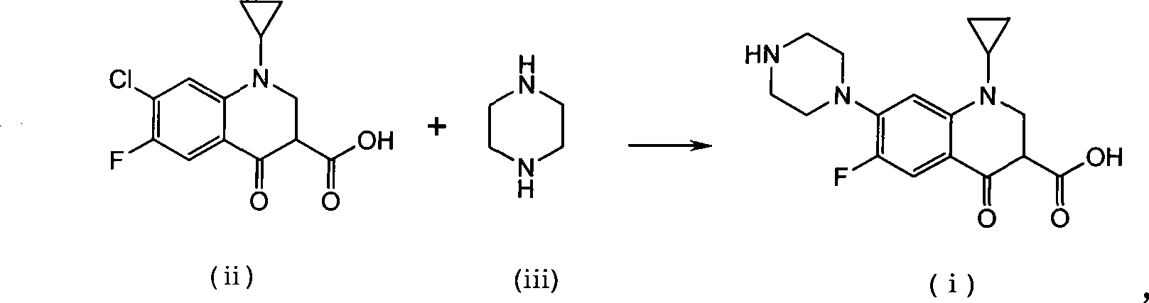 Method for preparing ciprofloxacin by piperazine reaction