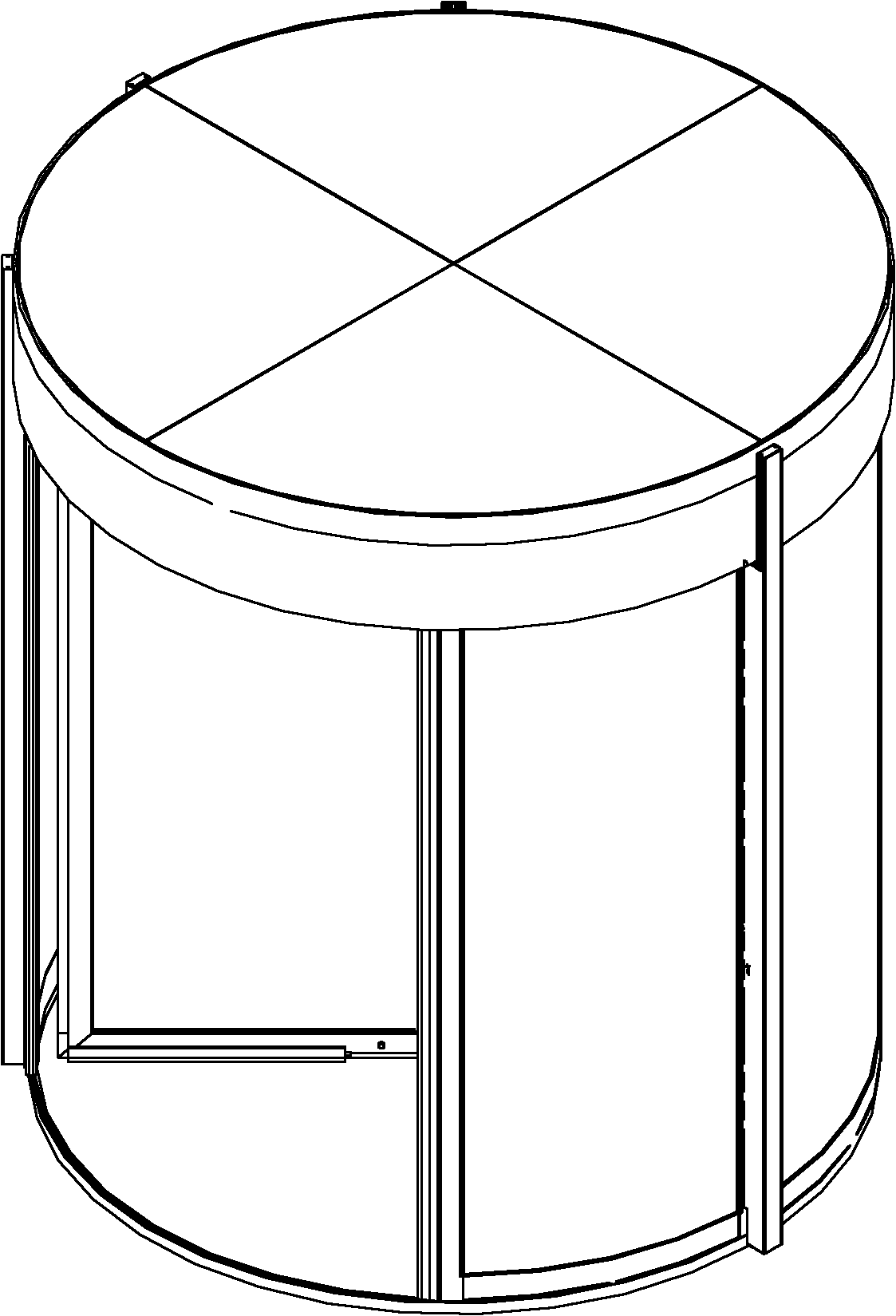 Single body rotating door with wide passageway