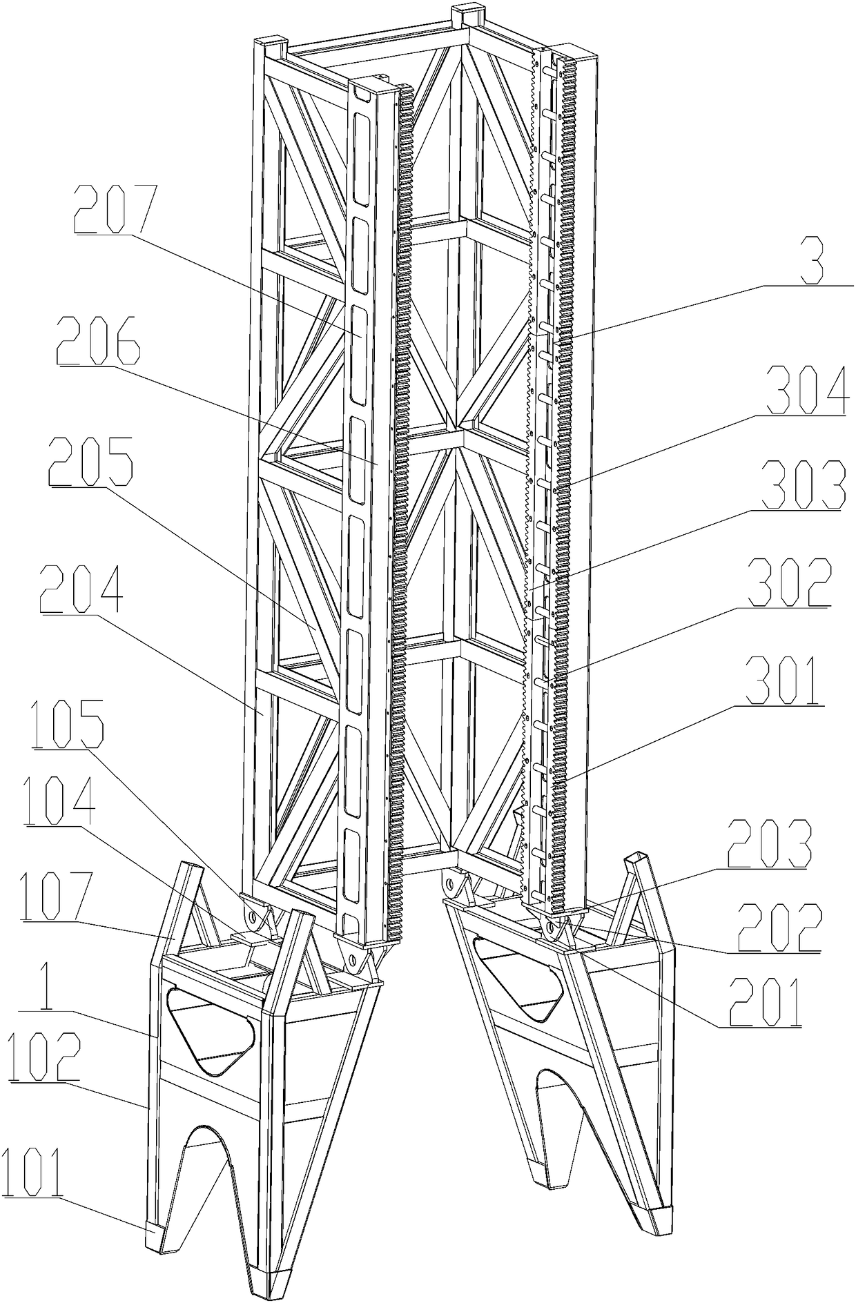 Pinion and rack drilling rig derrick structure and installation method thereof