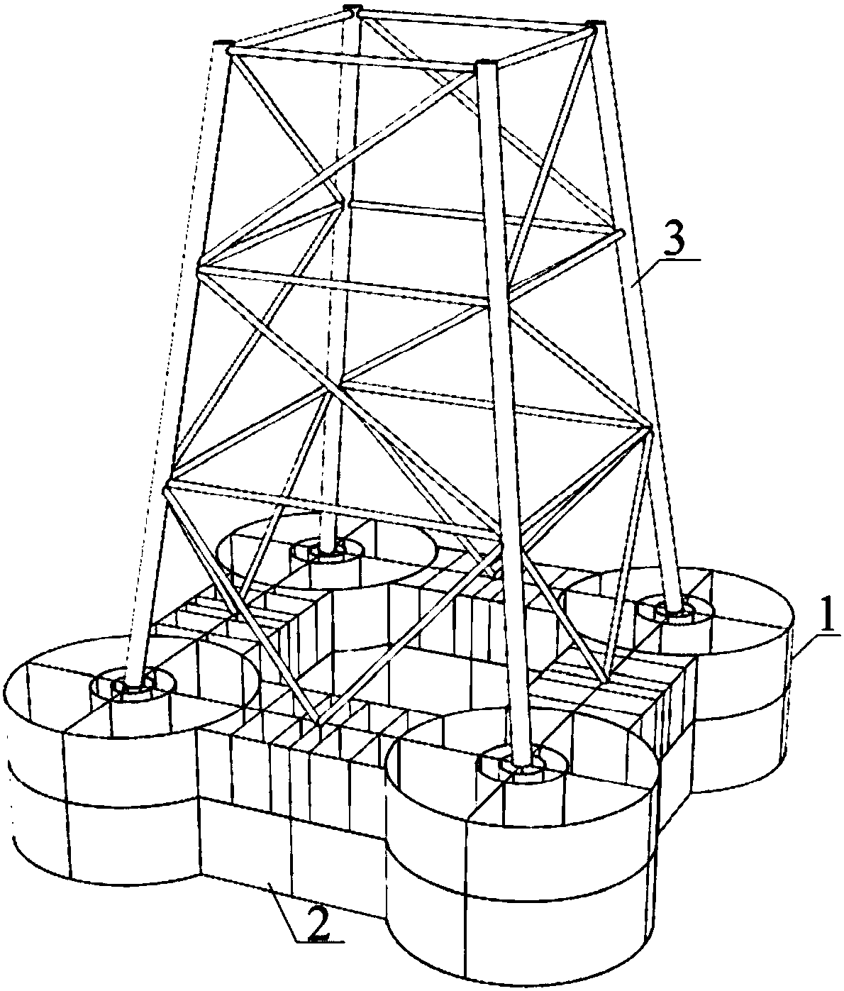 Combined offshore four-buoy four-buoyancy-tank foundation structure and construction method thereof