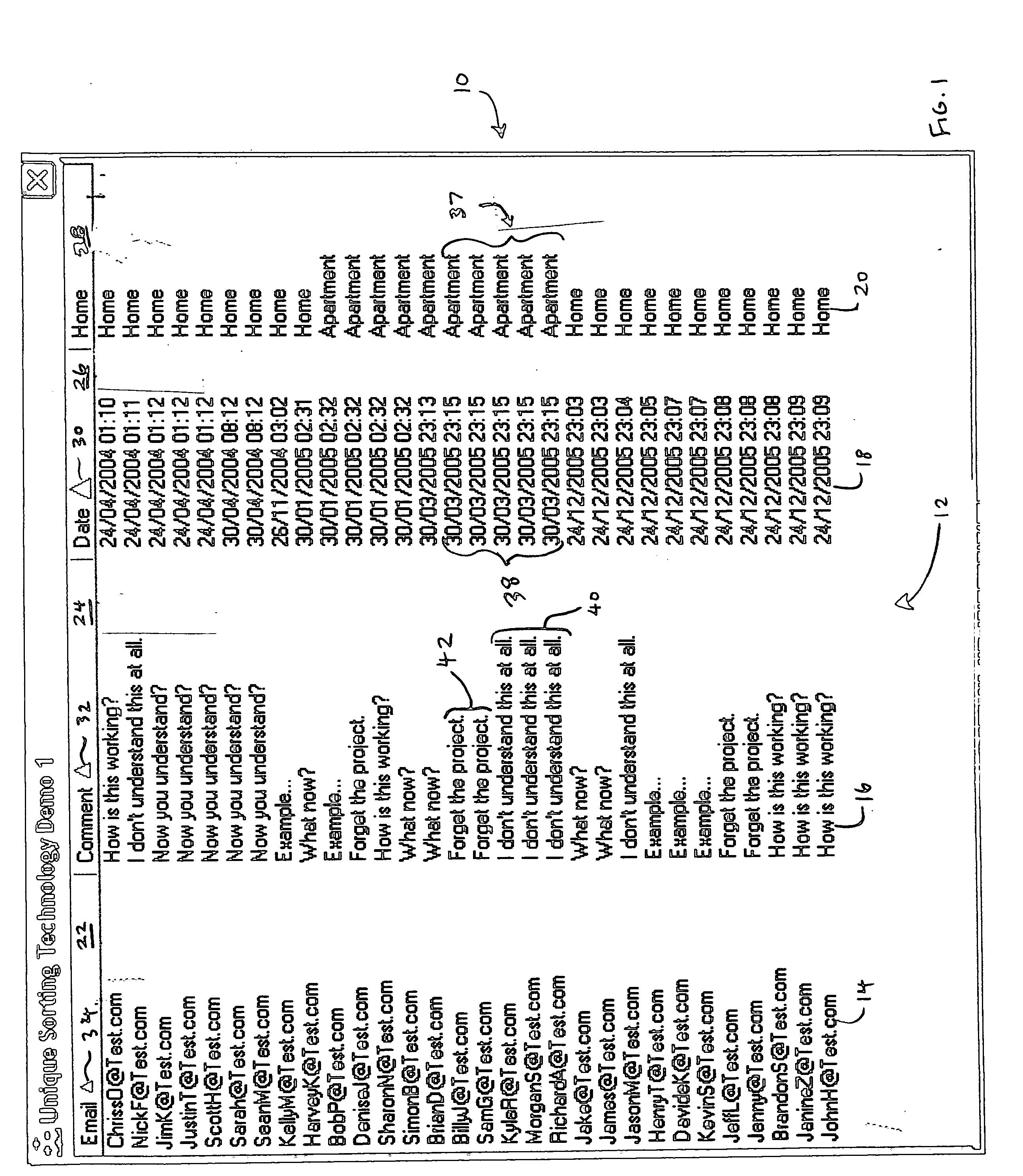User interface and method for sorting data records