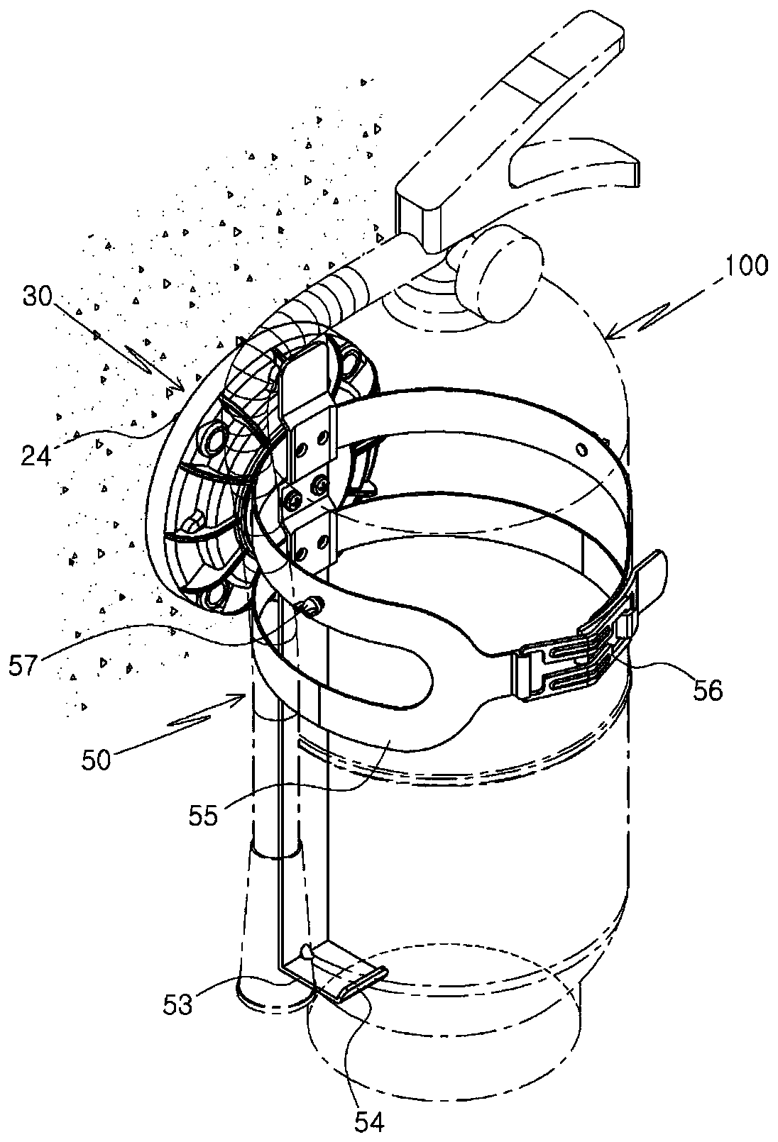 Rotating device of powder fire extingusher to prevent powder from solidification and inclination