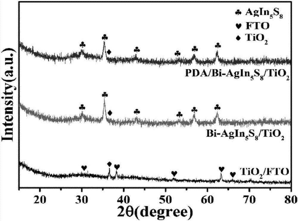 PDA/Bi-AgIn5S8/TiO2 hetero-junction photoelectrode, preparation method and application