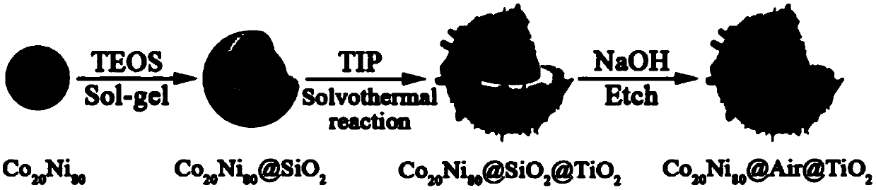 TiO2-coated CoNi nanoparticle of york-shell structure and preparation method of nanoparticle