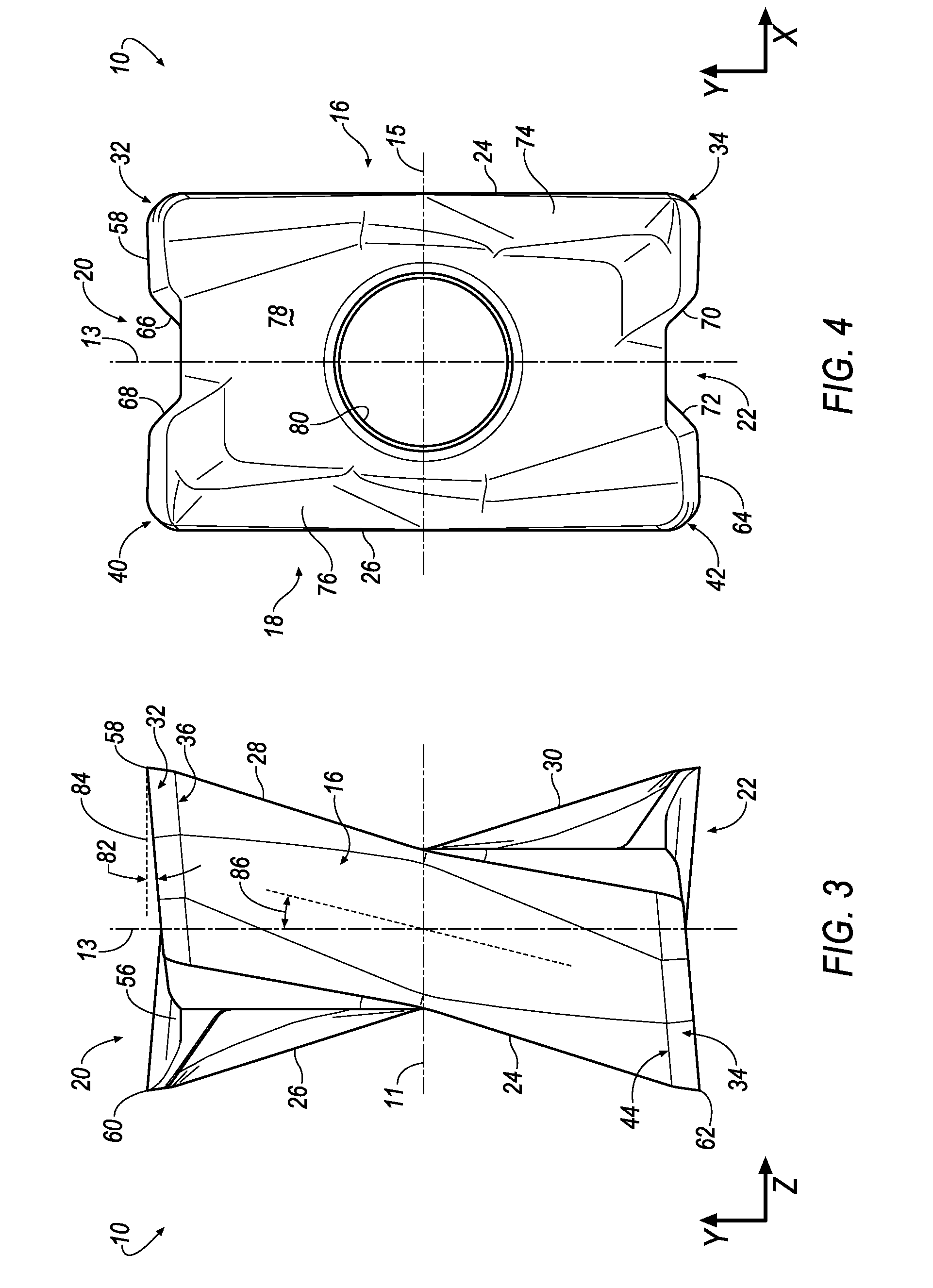 Double-sided, indexable cutting insert with ramping capability and cutting tool therefor