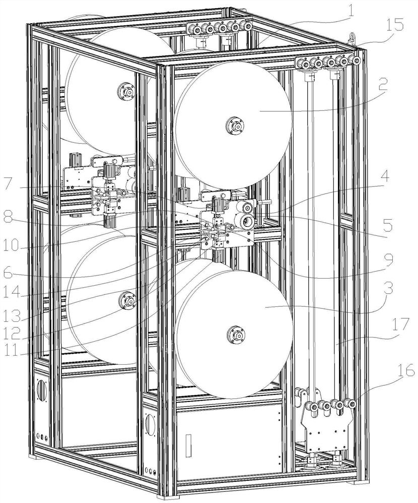 Paper feeding frame for automatic paper disc changing and receiving device for paper straw production