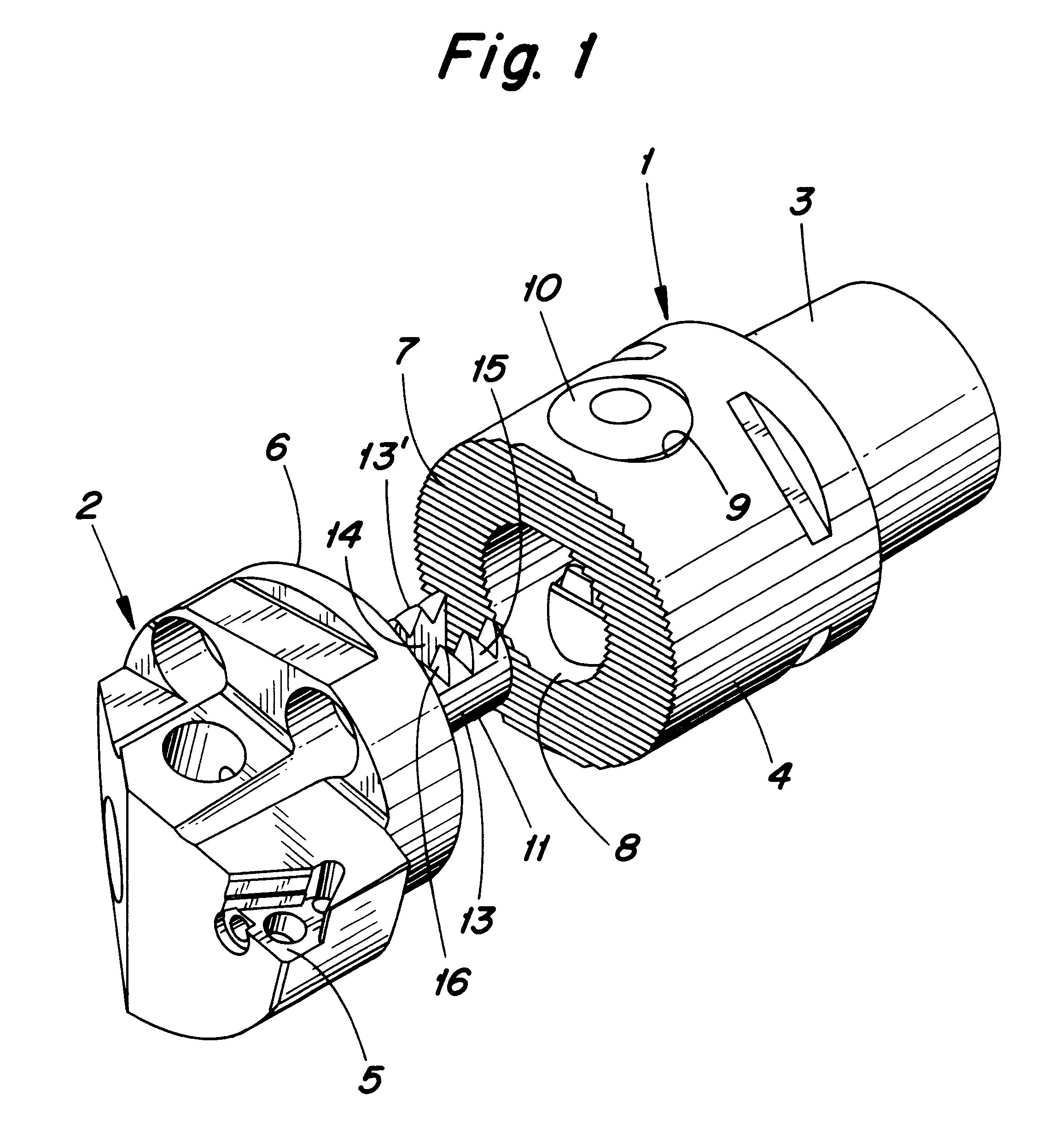 Tool coupling having serrated surfaces adapted to be pulled into meshing relationship