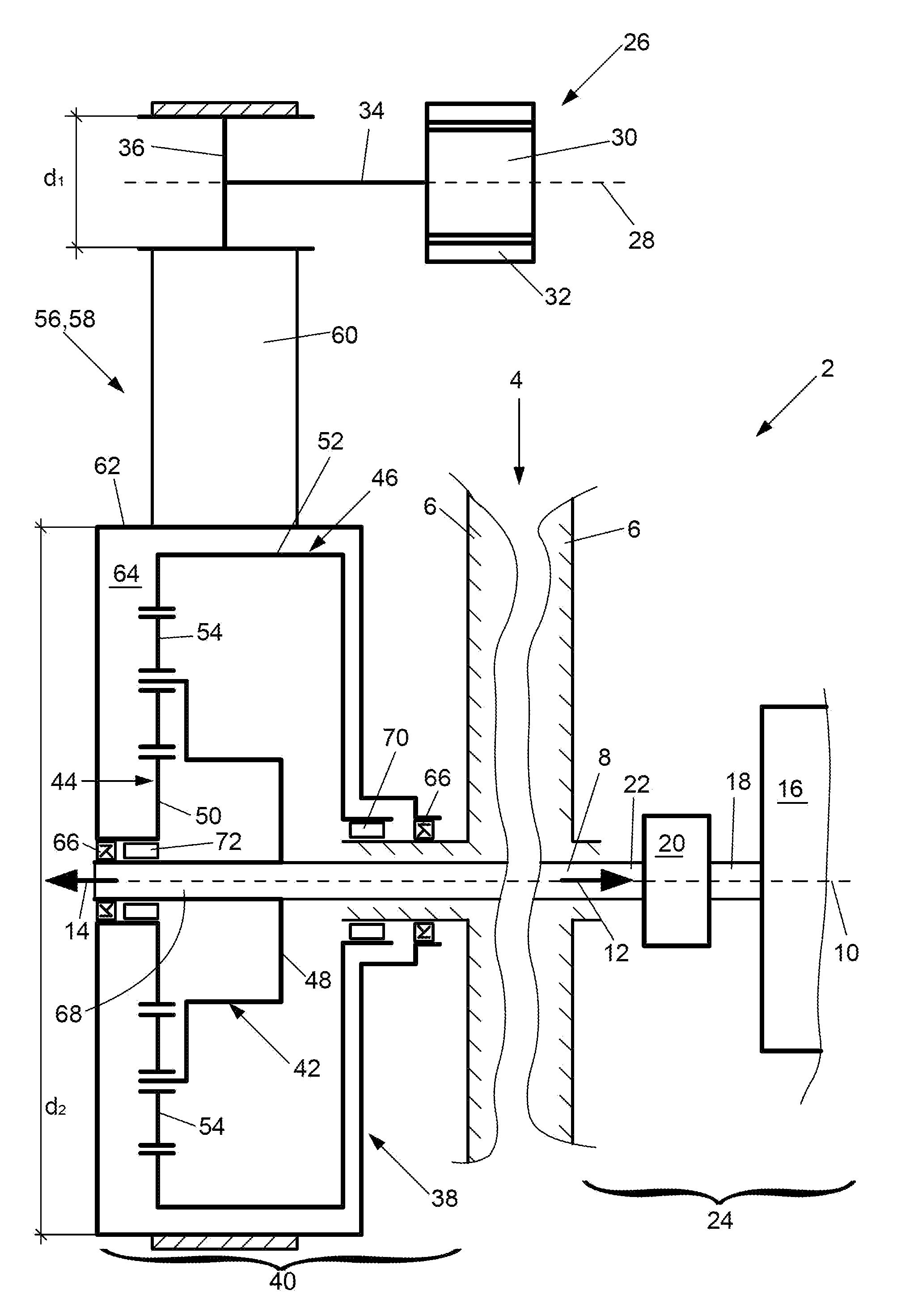 Drivetrain with engine, transmission, planetary gear set and electric machine