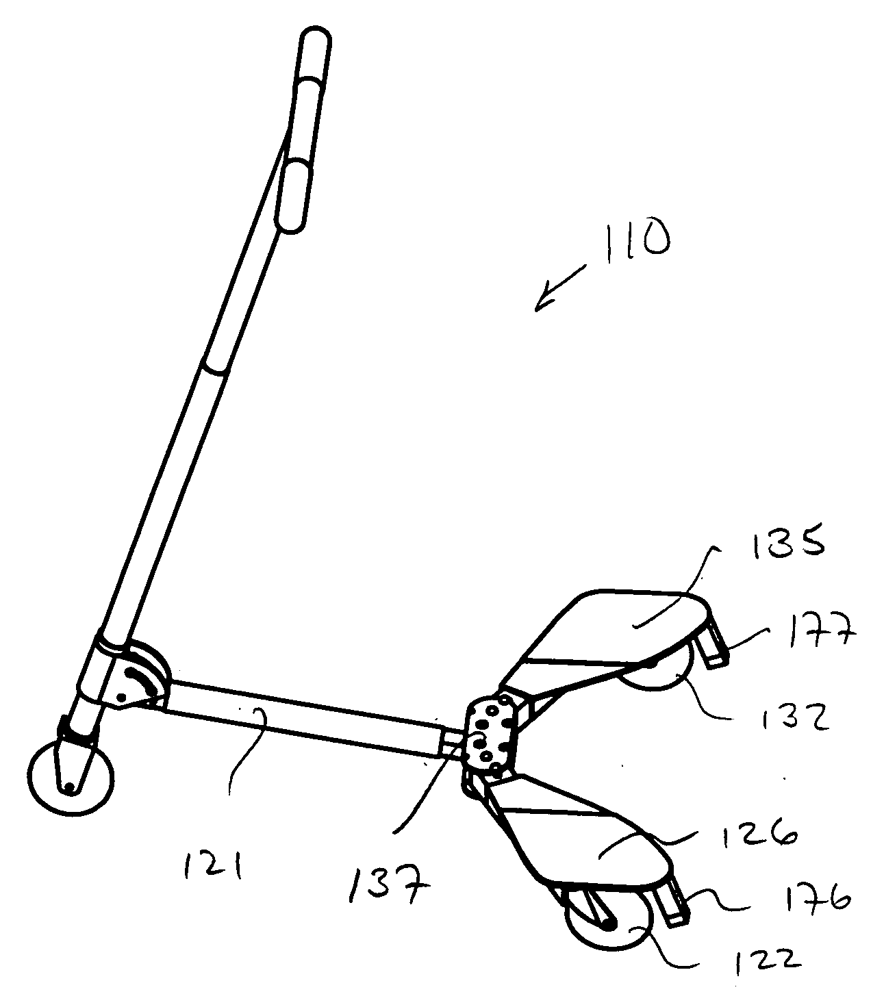 Side movement propelled scooter device having expanded foot platform