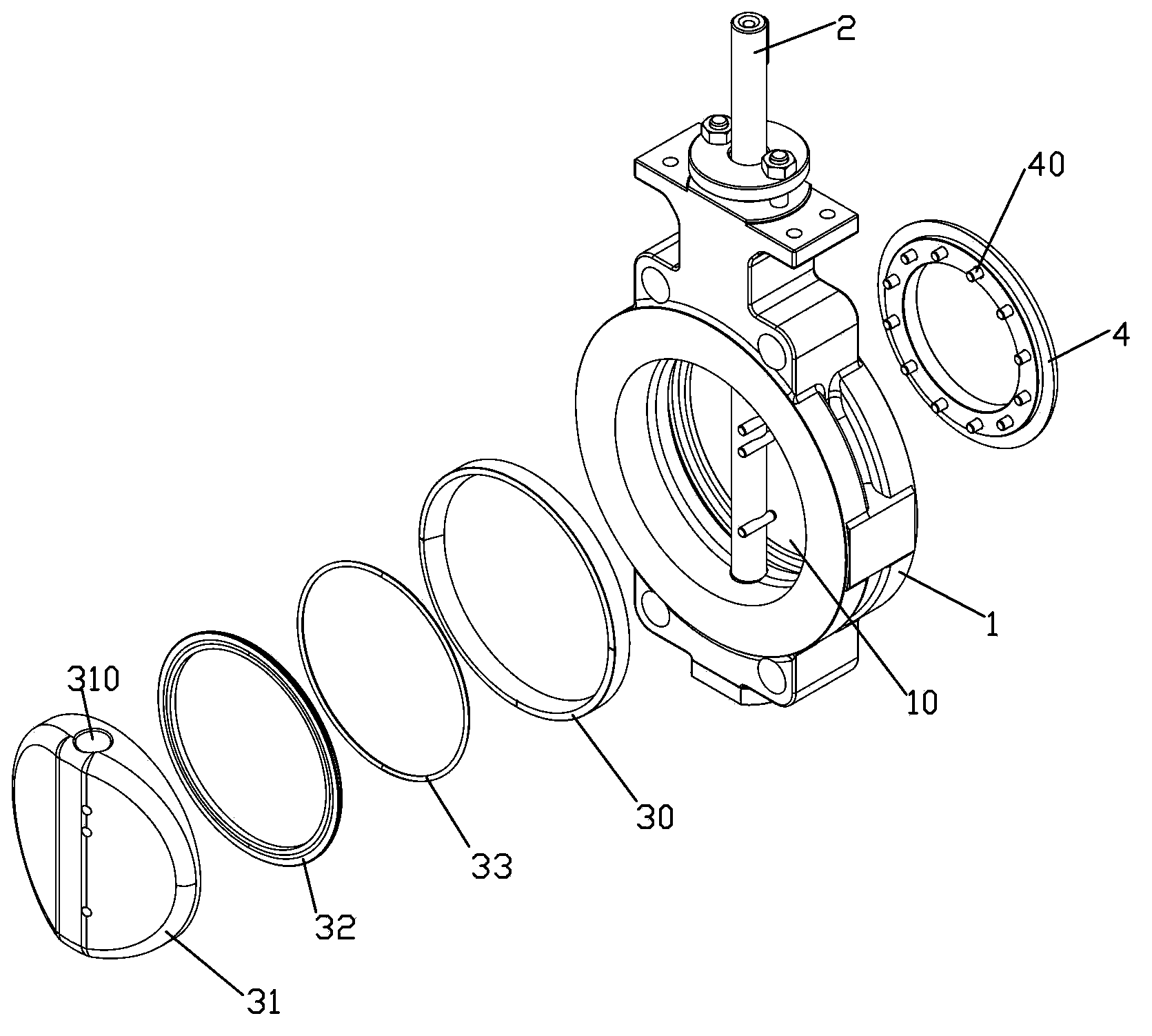 Three-eccentric valve with symmetric leakage stop ring
