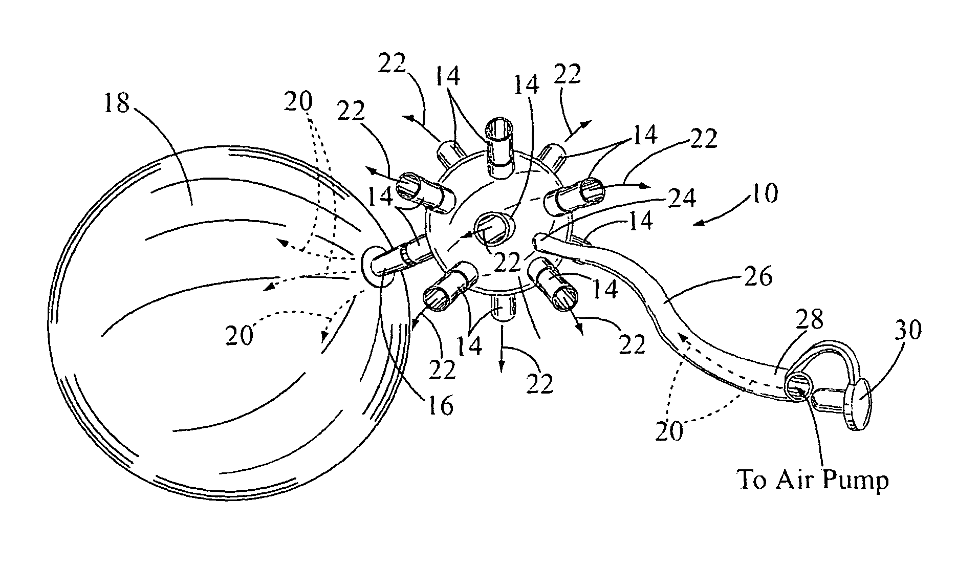 Air manifold attached to a plurality of balloons for inflating and deflating a balloon cluster used in decorative showroom and party displays