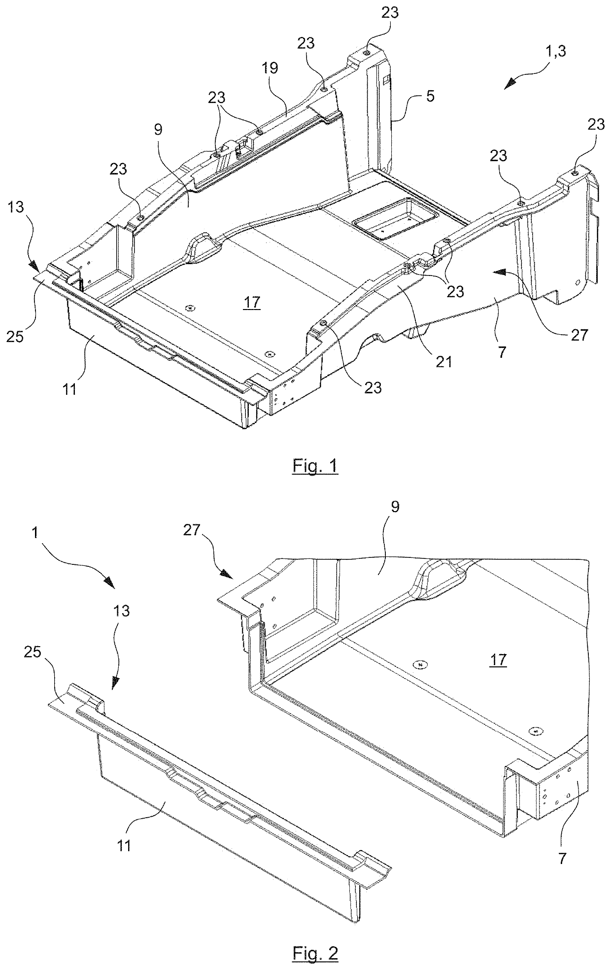 Base floor part, replacement floor, modular system and method for enlarging a rear cargo space of a motor vehicle
