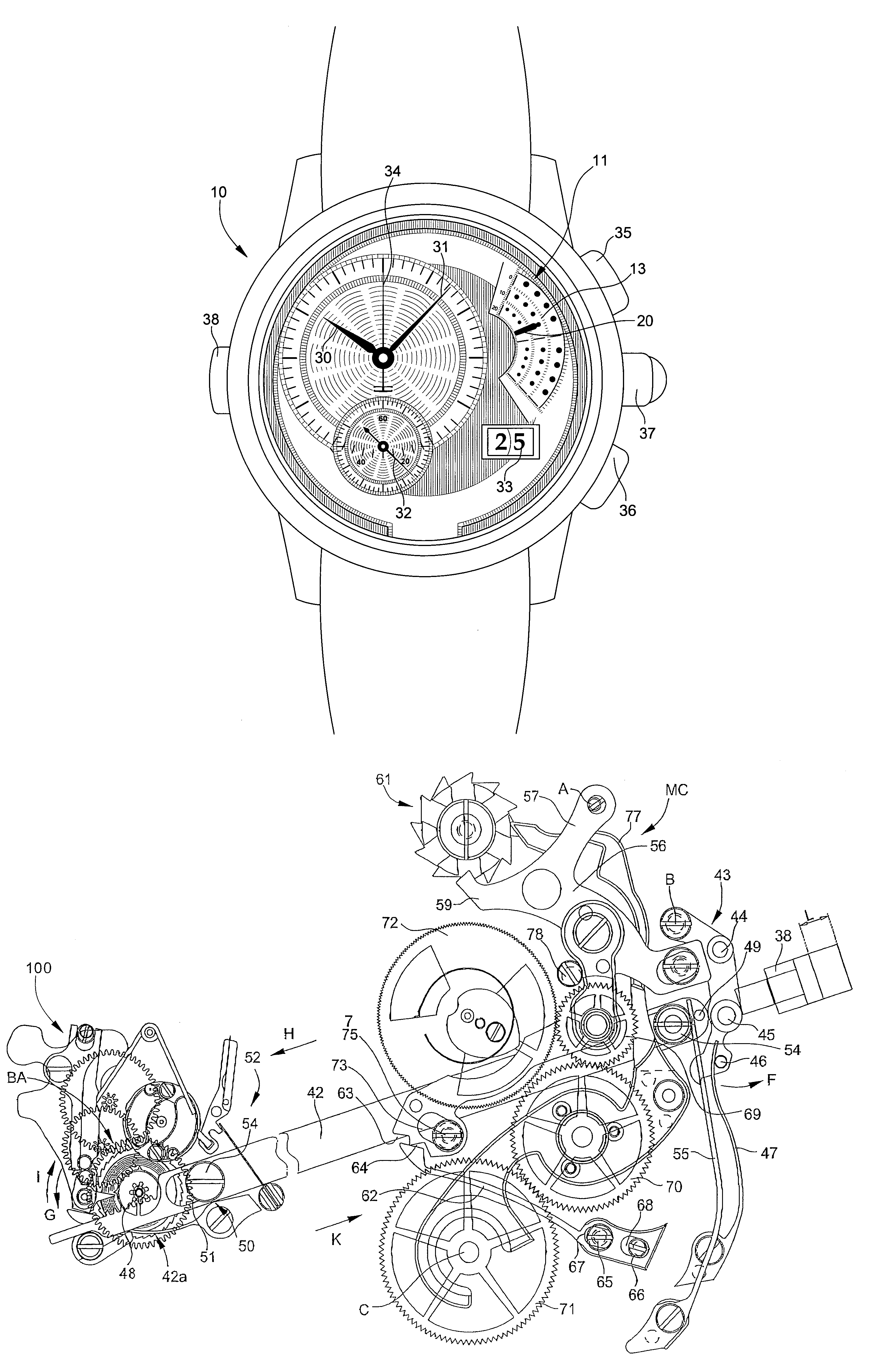 Timepiece including a mechanism for triggering a time-related function and simultaneous winding of a barrel spring
