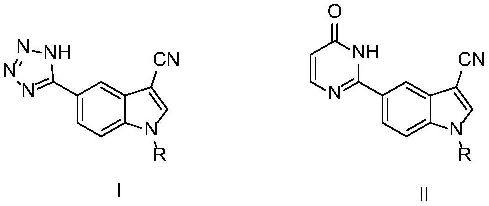 1-alkyl-5-tetrazolyl/pyrimidinone-1H-indole-3-formonitrile compounds as well as preparation method and application thereof