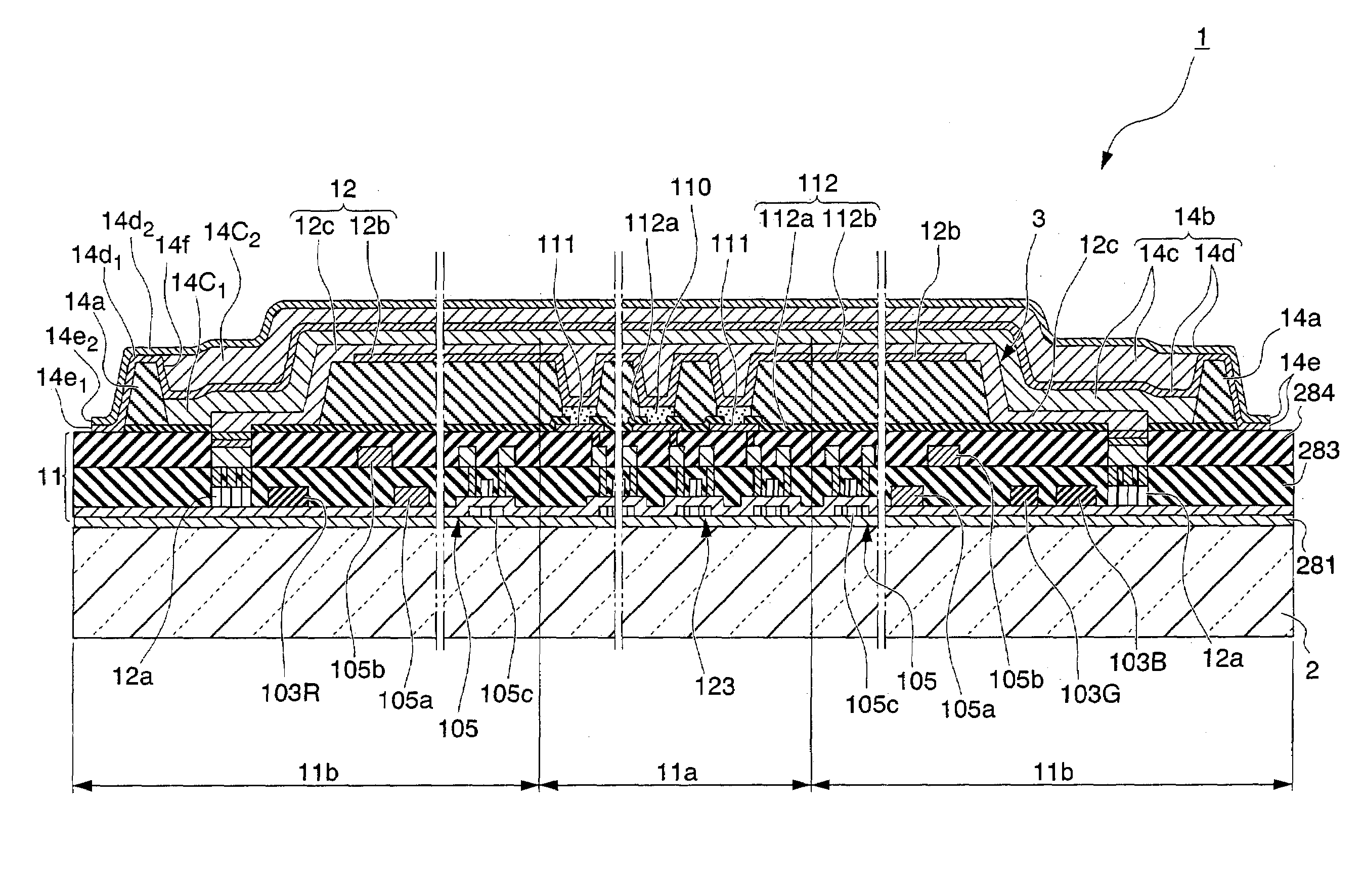 Sealing structure with barrier membrane for electronic element, display device, electronic apparatus, and fabrication method for electronic element