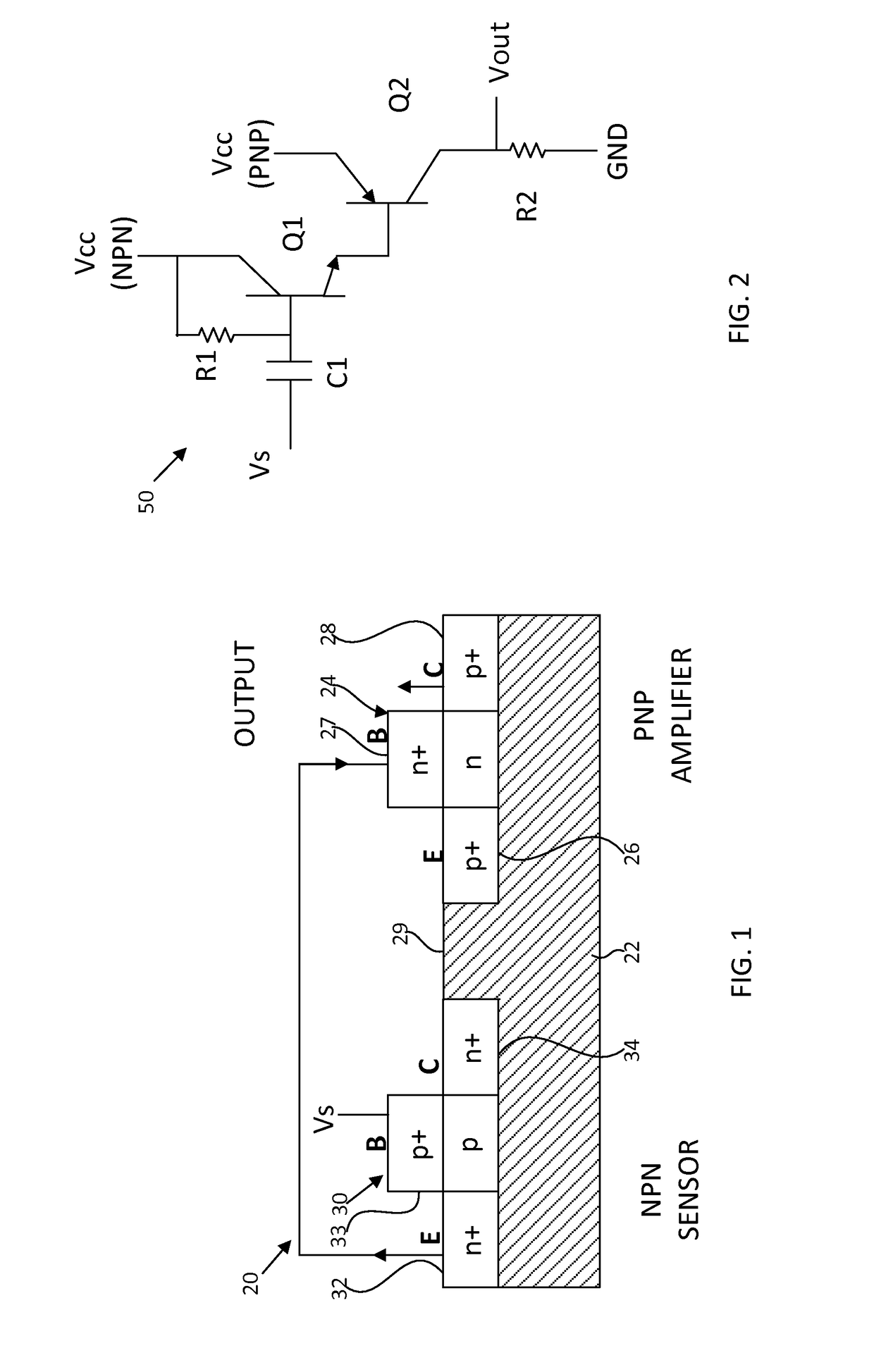 Sensors including complementary lateral bipolar junction transistors