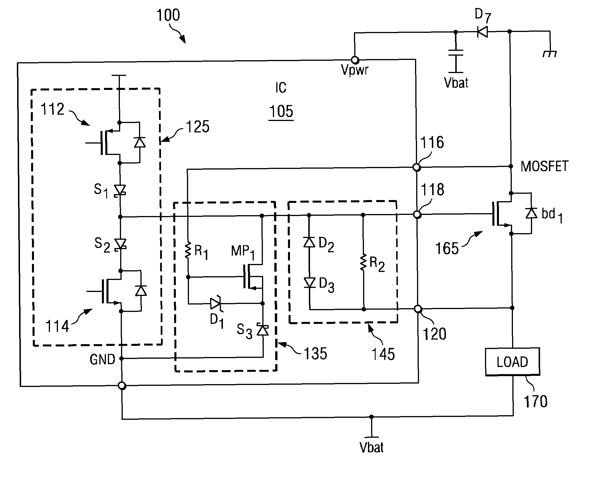 Integrated reverse battery protection circuit for an external MOSFET switch