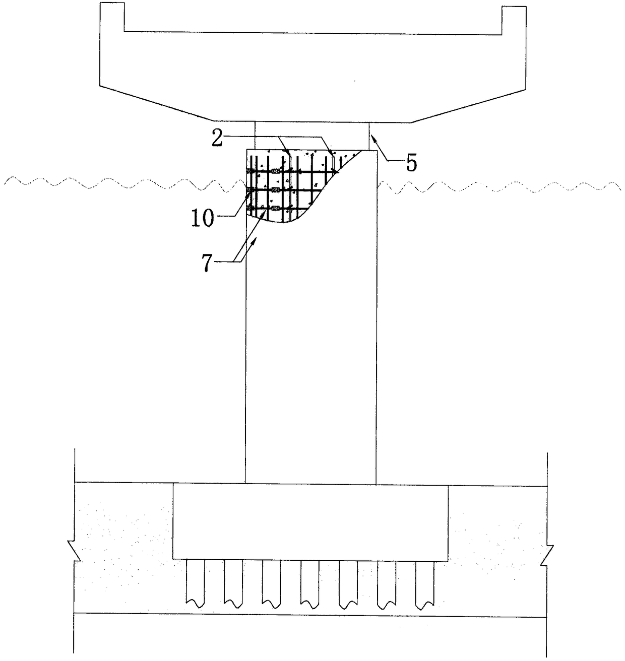 Bridge underwater pier column structure reinforced by using reinforcing meshes and construction method