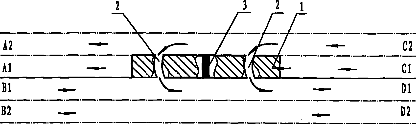 Road facility capable of enabling vehicles on lane to drive in non-intersecting manner