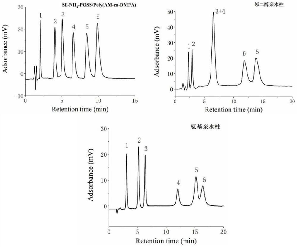 Hydrophilic chromatographic stationary phase with copolymer brush grafted on POSS silica gel as well as preparation method and application thereof