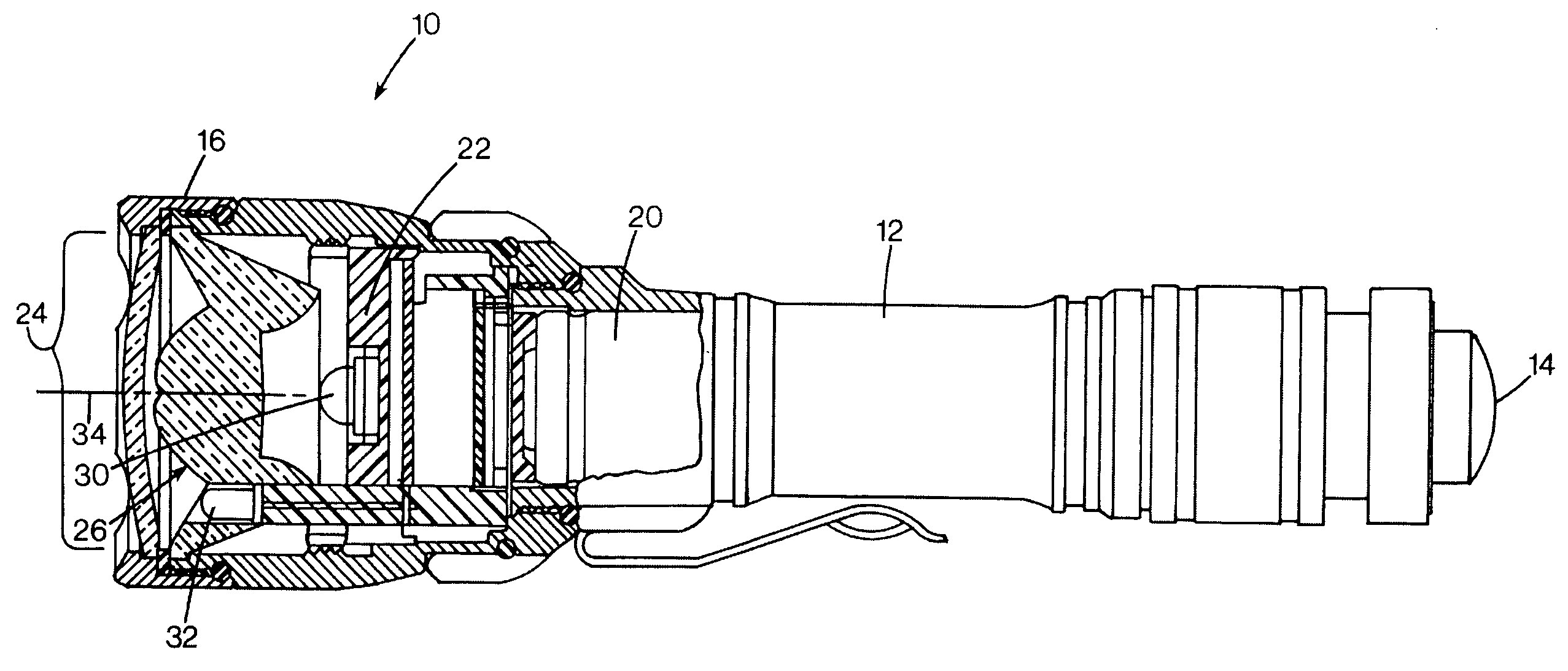 Flashlight with lens for transmitting central and off-axis light sources