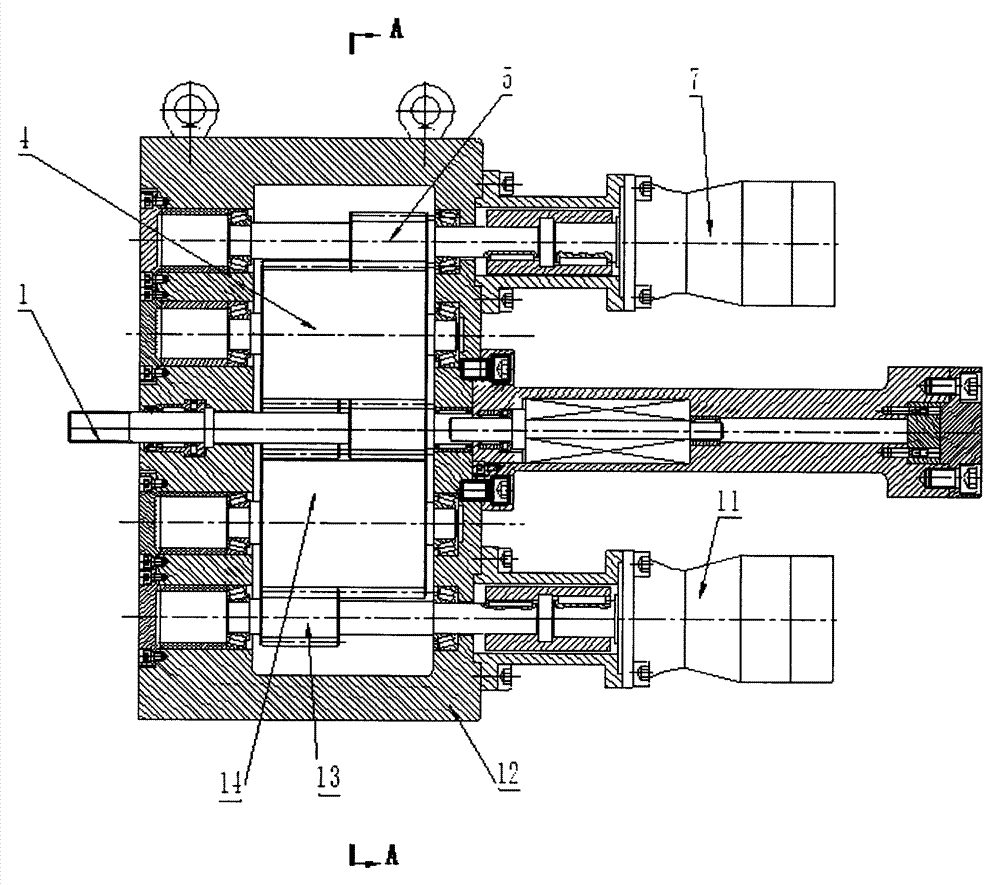 A co-rotating twin-screw transmission device using an oil motor