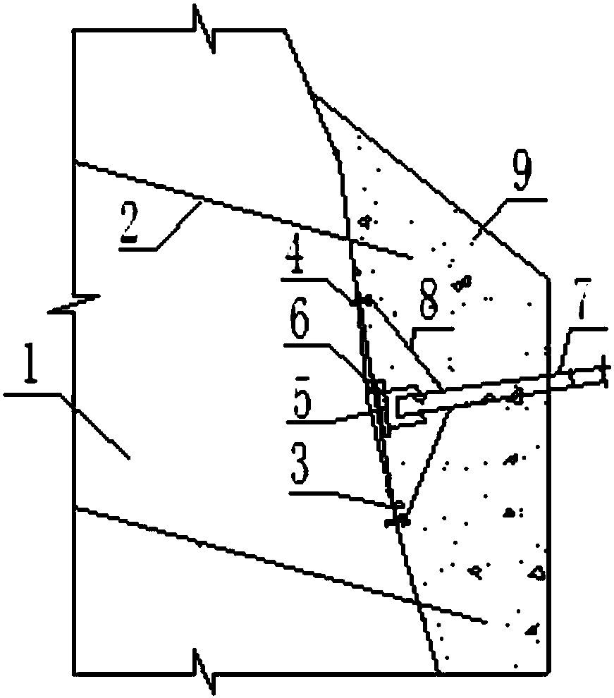 Longitudinal horizontal displacement meter anchoring end mounting structure and construction method