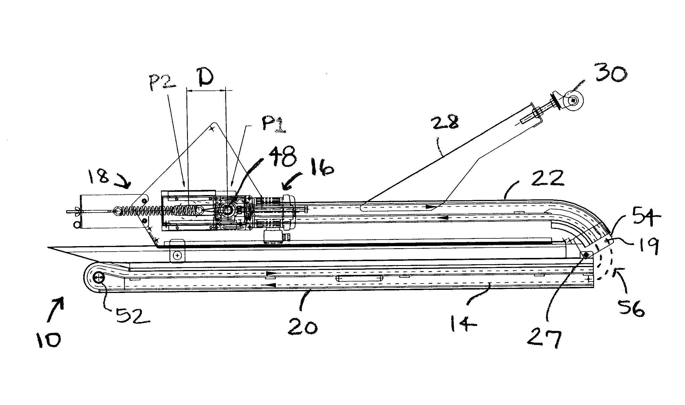 Foldable conveyor with automatic tensioning device