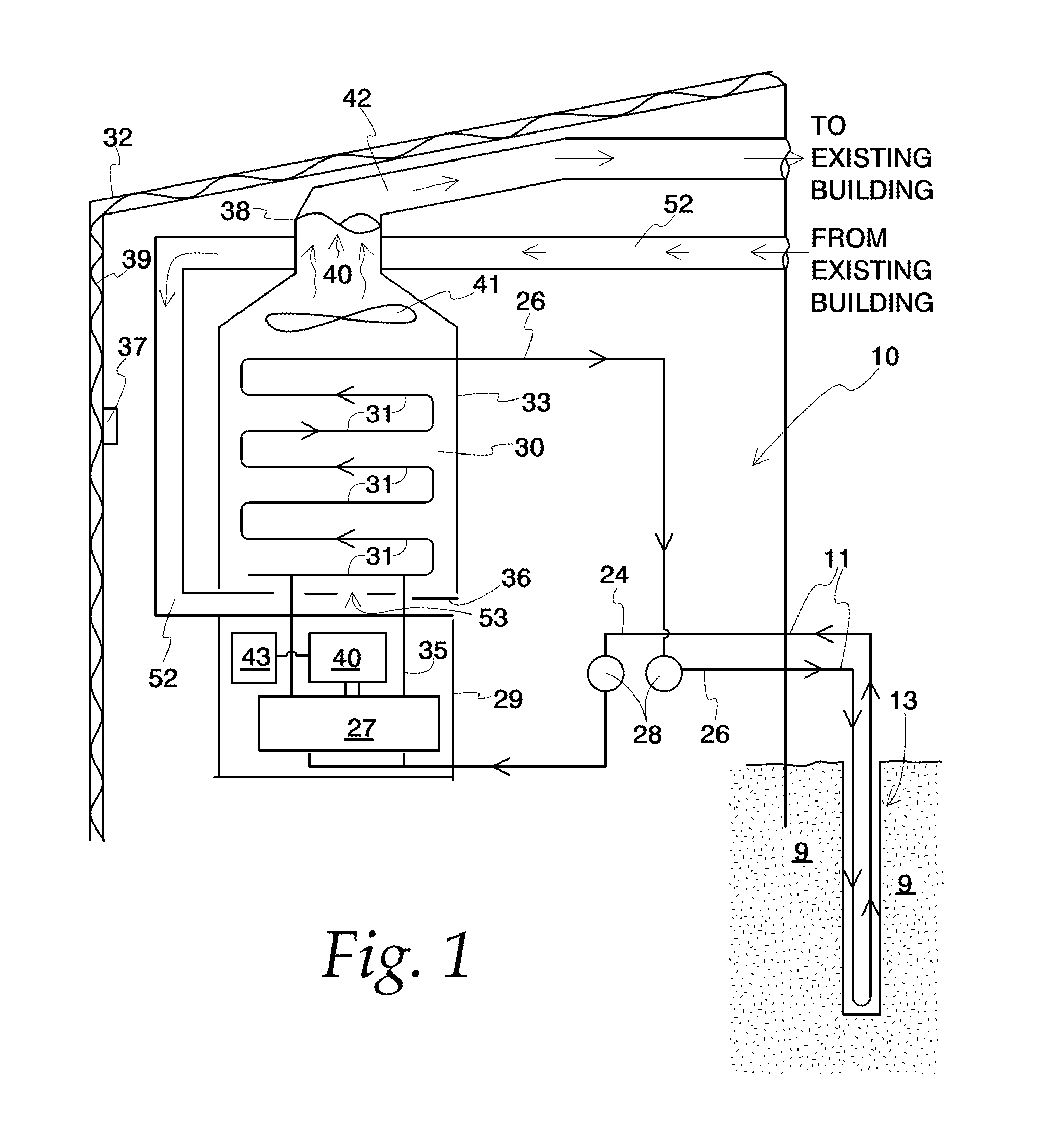 System to enable geothermal field interaction with existing HVAC systems, method to enable geothermal field interaction with existing HVAC system