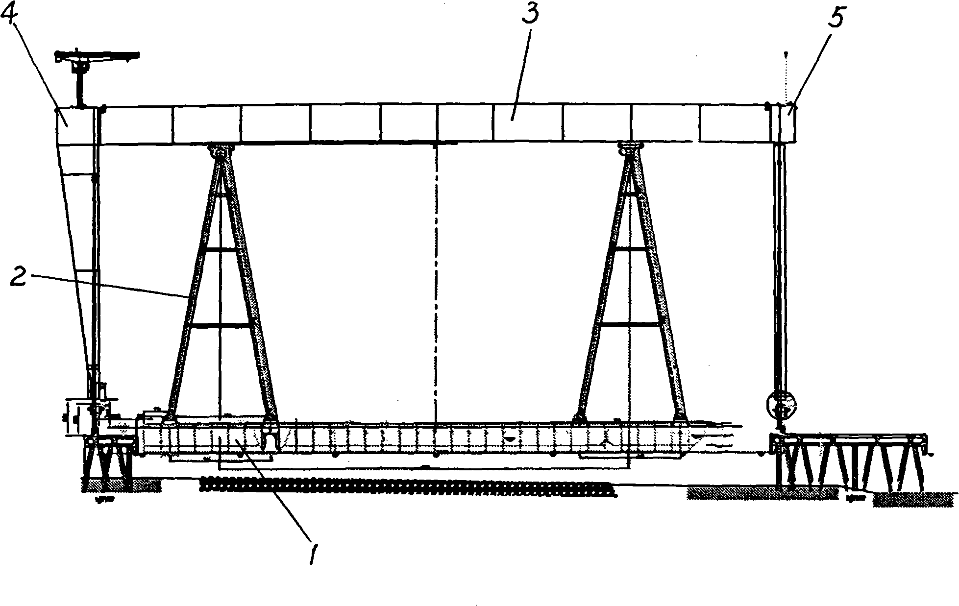 Method for discharging boat to dock basin with dock yard trestle crane set