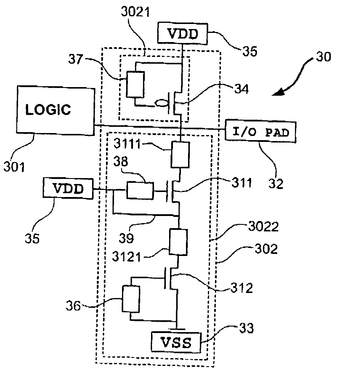 Dual-supply electronic circuit with means for protection against breakdowns, and corresponding protection means