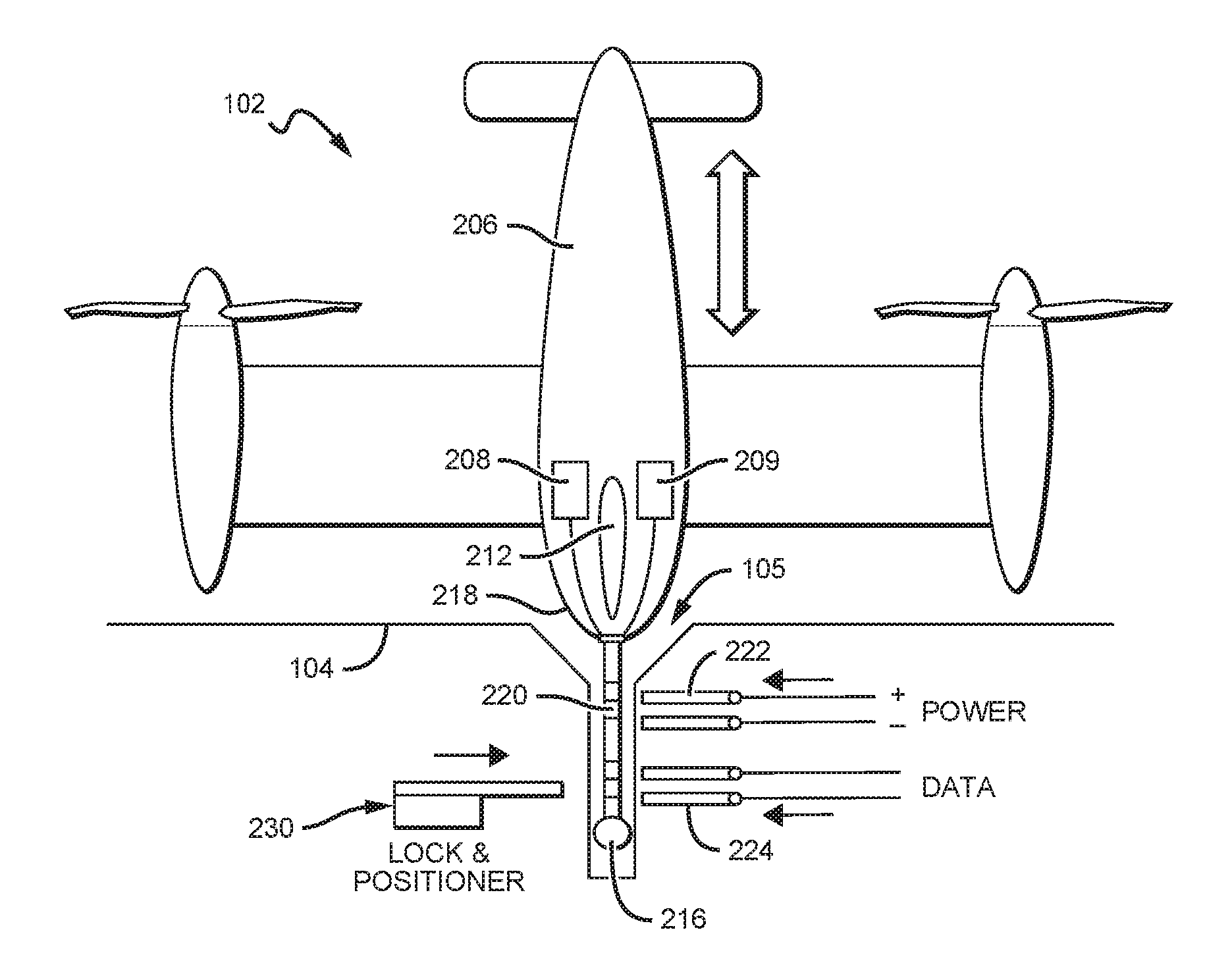 Power and communication interface for vertical take-off and landing (VTOL) unmanned aerial vehicles (UAVS)