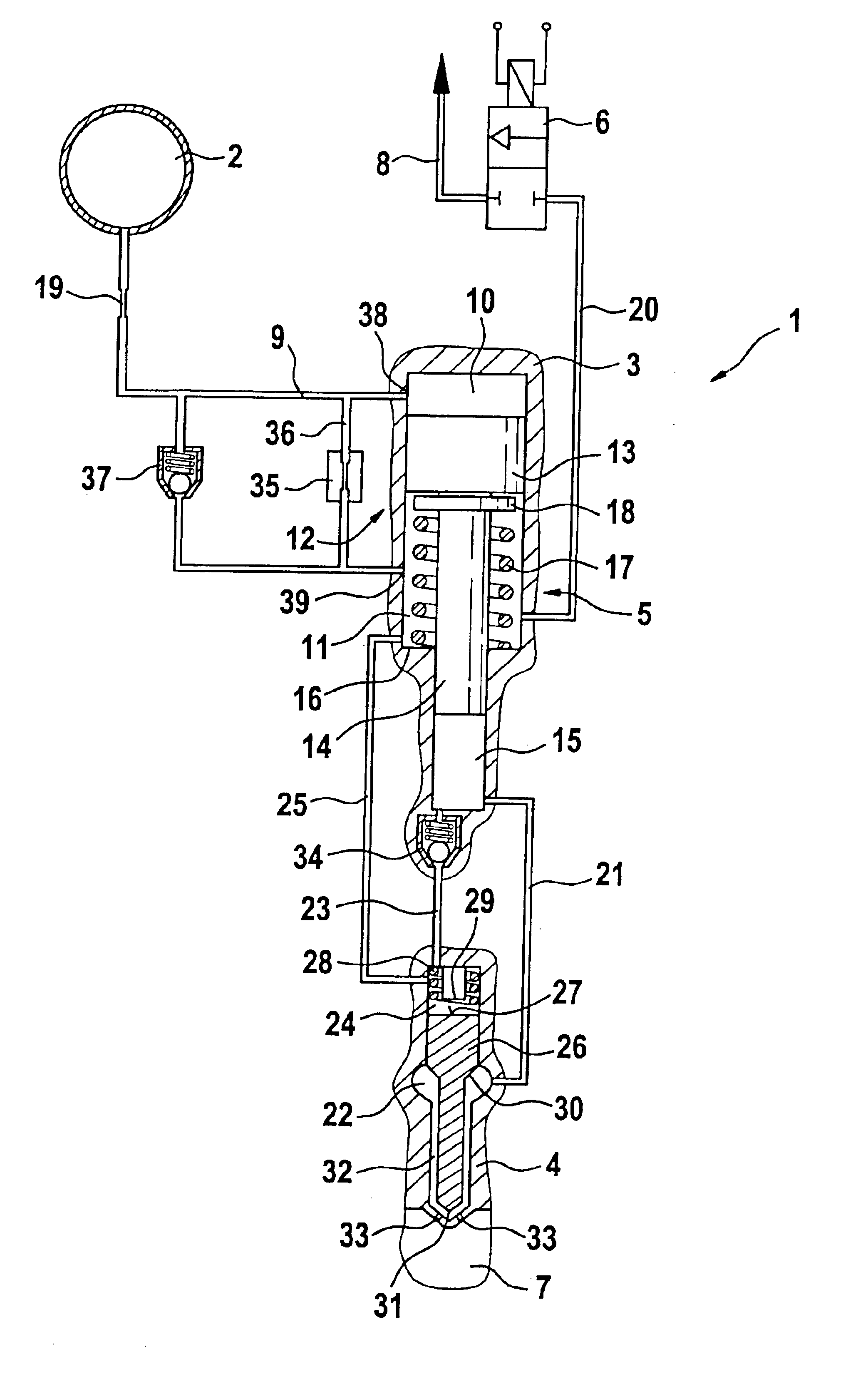 Boosted fuel injector with rapid pressure reduction at end of injection