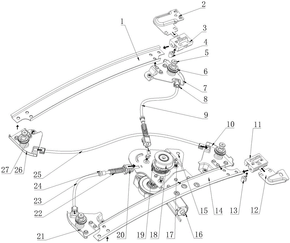 Rope wheel type glass lifter with modularized structural design and design method for rope wheel type glass lifter